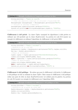 Annexes

Listing D.1 – Exemple d’utilisation de l’empreinte numérique en Java
String plainText = "Texte en clair";
// Créer une empreinte numérique en utilisant l’algorithme MD5
MessageDigest messageDigest = MessageDigest.getInstance("MD5");
// Calculer et afficher l’empreinte
messageDigest.update(plainText.getBytes("UTF8"));
System.out.println(new String(messageDigest.digest(), "UTF8"));

Chiﬀrement à clef privée La classe Cipher manipule les algorithmes à clefs privées en
utilisant une clef produite par la classe KeyGenerator. La portion de code D.2 montre un
exemple de chiﬀrement en utilisant l’algorithme de chiﬀrement à clef privée DES.
Listing D.2 – Exemple d’utilisation du chiﬀrement à clef privée en Java
String plainText = "Texte à encoder" ;
//Génération de la clef DES
KeyGenerator keyGen = KeyGenerator.getInstance("DES"); keyGen.init(56);
Key key = keyGen.generateKey();
//Début du chiffrement
Cipher cipher = Cipher.getInstance("DES/ECB/PKCS5Padding");
cipher.init(Cipher.ENCRYPT_MODE, key);
byte[] cipherText = cipher.doFinal(plainText.getBytes("UTF8"));
//Début du déchiffrement
cipher.init(Cipher.DECRYPT_MODE, key);
byte[] newPlainText = cipher.doFinal(cipherText);
System.out.println( new String(newPlainText, "UTF8") );

Chiﬀrement à clef publique De même que pour le chiﬀrement à clef privée, le chiﬀrement
à clef publique est fait en utilisant la classe Cipher. Mais comme le chiﬀrement à clef publique
utilise une paire de clefs, la classe KeyPairGenerator est utilisée pour les générer. La portion
de code D.3 montre un exemple de chiﬀrement avec l’algorithme RSA.
Listing D.3 – Exemple d’utilisation du chiﬀrement à clef publique en Java
String plainText = "Texte à encoder" ;
//Génération de la paire de clefs RSA
KeyPairGenerator keyGen = KeyPairGenerator.getInstance("RSA");
keyGen.initialize(1024);
KeyPair key = keyGen.generateKeyPair();

160

 