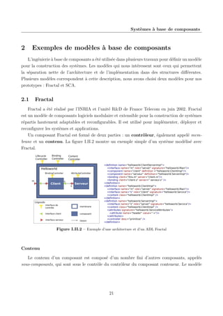 Systèmes à base de composants

2

Exemples de modèles à base de composants

L’ingénierie à base de composants a été utilisée dans plusieurs travaux pour déﬁnir un modèle
pour la construction des systèmes. Les modèles qui nous intéressent sont ceux qui permettent
la séparation nette de l’architecture et de l’implémentation dans des structures diﬀérentes.
Plusieurs modèles correspondent à cette description, nous avons choisi deux modèles pour nos
prototypes : Fractal et SCA.

2.1

Fractal

Fractal a été réalisé par l’INRIA et l’unité R&D de France Telecom en juin 2002. Fractal
est un modèle de composants logiciels modulaire et extensible pour la construction de systèmes
répartis hautement adaptables et reconﬁgurables. Il est utilisé pour implémenter, déployer et
reconﬁgurer les systèmes et applications.
Un composant Fractal est formé de deux parties : un contrôleur, également appelé membrane et un contenu. La ﬁgure I.II.2 montre un exemple simple d’un système modélisé avec
Fractal.
Lifecycle
Controller

Binding
Controller

Content
Controller

Helloworld
BindingController

m

Client

AttributeController

s
s

Serveur

Légende
interface de
contrôle

membrane

interface client

composant

interface serveur

liaison

<definition name="helloworld.ClientServerImpl">
<interface name="m" role="server" signature="helloworld.Main"/>
<component name="client" definition ="helloworld.ClientImpl"/>
<component name="serveur" definition="helloworld.ServerImpl"/>
<binding client="this.m" server="client.m"/>
<binding client="client.s" server=" serveur.s" />
</definition>
<definition name="helloworld.ClientImpl">
<interface name="m" role="server" signature="helloworld.Main"/>
<interface name="s" role="client" signature="helloworld.Service"/>
<content class="helloworld.ClientImpl" />
</definition>
<definition name="helloworld.ServerImpl">
<interface name="s" role="server" signature="helloworld.Service"/>
<content class="helloworld.ClientImpl" />
<attributes signature="helloworld.ServiceAttributes">
<attribute name="header" value="->"/>
</attributes>
<controller desc="primitive" />
</definition>

Figure I.II.2 – Exemple d’une architecture et d’un ADL Fractal

Contenu
Le contenu d’un composant est composé d’un nombre ﬁni d’autres composants, appelés
sous-composants, qui sont sous le contrôle du contrôleur du composant conteneur. Le modèle

21

 