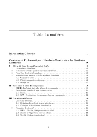 Table des matières

Introduction Générale

1

Contexte et Problématique : Non-Interférence dans les Systèmes
Distribués
9
I
1
2
3
4

II

Sécurité dans les systèmes distribués
Les systèmes distribués. . . . . . . . . . . . . . . . .
Menaces de sécurité pour les systèmes distribués . .
Propriétés de sécurité usuelles . . . . . . . . . . . . .
Mécanismes de sécurité pour les systèmes distribués
4.1 Contrôle d’accès . . . . . . . . . . . . . . . . .
4.2 Primitives cryptographiques . . . . . . . . . . .
4.3 Délégation . . . . . . . . . . . . . . . . . . . . .

.
.
.
.
.
.
.

.
.
.
.
.
.
.

.
.
.
.
.
.
.

.
.
.
.
.
.
.

Systèmes à base de composants
1
CBSE : Ingénierie logicielle à base de composants . . . . .
2
Exemples de modèles à base de composants . . . . . . . . .
2.1 Fractal . . . . . . . . . . . . . . . . . . . . . . . . . . .
2.2 SCA : Architecture de services à base de composants .

III La non-interférence
1
La non-interférence . . . . . . . . . . . . . . . .
1.1 Déﬁnition formelle de la non-interférence.
1.2 Exemples d’interférence dans le code . . .
2
Étiquettes de sécurité. . . . . . . . . . . . . . .
2.1 DLM : Modèle d’étiquettes décentralisé .
2.2 Modèle d’étiquettes à base de jetons . . .
2.3 Modèle d’étiquettes distribué . . . . . . .

ii

.
.
.
.
.
.
.

.
.
.
.
.
.
.

.
.
.
.
.
.
.

.
.
.
.
.
.
.

.
.
.
.
.
.
.

.
.
.
.
.
.
.

.
.
.
.
.
.
.

.
.
.
.
.
.
.

.
.
.
.
.
.
.

.
.
.
.
.
.
.

.
.
.
.
.
.
.

.
.
.
.
.
.
.

.
.
.
.
.
.
.

.
.
.
.
.
.
.

.
.
.
.
.
.
.

.
.
.
.
.
.
.

.
.
.
.
.
.
.

.
.
.
.
.
.
.

.
.
.
.
.
.
.

.
.
.
.
.
.
.

10
10
11
12
13
13
13
17

.
.
.
.

.
.
.
.

.
.
.
.

.
.
.
.

.
.
.
.

.
.
.
.

.
.
.
.

.
.
.
.

.
.
.
.

.
.
.
.

.
.
.
.

.
.
.
.

.
.
.
.

19
19
21
21
23

.
.
.
.
.
.
.

.
.
.
.
.
.
.

.
.
.
.
.
.
.

.
.
.
.
.
.
.

.
.
.
.
.
.
.

.
.
.
.
.
.
.

.
.
.
.
.
.
.

.
.
.
.
.
.
.

.
.
.
.
.
.
.

.
.
.
.
.
.
.

.
.
.
.
.
.
.

.
.
.
.
.
.
.

.
.
.
.
.
.
.

26
26
26
28
29
30
32
35

 