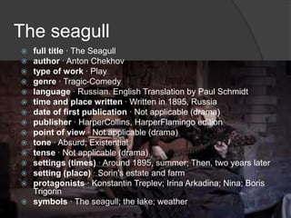 The seagull

















full title · The Seagull
author · Anton Chekhov
type of work · Play
genre · Tragic-Comedy
language · Russian. English Translation by Paul Schmidt
time and place written · Written in 1895, Russia
date of first publication · Not applicable (drama)
publisher · HarperCollins, HarperFlamingo edition
point of view · Not applicable (drama)
tone · Absurd; Existential
tense · Not applicable (drama)
settings (times) · Around 1895, summer; Then, two years later
setting (place) · Sorin's estate and farm
protagonists · Konstantin Treplev; Irina Arkadina; Nina; Boris
Trigorin
symbols · The seagull; the lake; weather

 
