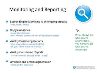 Keyword SelectionKeywords are phrases that customers use to find your site.Keywords are typically phrases 2-5 words longQuestions to consider:-What keywords do people use to find your product?-What problems do prospective customers want to solve?-What keywords are your competitors using? What are the features and benefits of your products or services?Keyword selection is a balancing act  -popularity – number of people searching for a particular term-commercial intent – do they have buying mind set?  -competition – is the market saturated for this keyword?Tip:Use keyword spy tools to uncover keyword treasures.