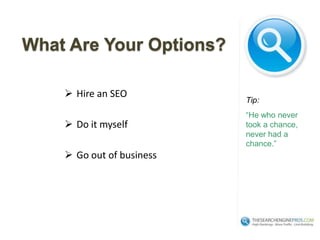 Pay Per Click BasicsThree Main Players-Google Adwords-Yahoo/Overture-MSNTesting the waters-PPC is great for tracking demand before investing in organic keywords as you can quickly gather feedback on market conditions.Google Adwords -relevance is the name of the game -automatic Cleansing System  -minimum click through rate .05% or deactivated -split Testing Ads, constantly trying to beat control adTip:“The definition of insanity is doing the same thing over and over again and expecting different results.” A.Einstein.