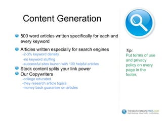 Website Design and UsabilitySEO OverviewThe Search Engine Pros Top Ranks Pyramid#1Monitoring and ReportingContentLink PopularityMeta Tags & TitlesKeyword Selection: Find Best Keywords