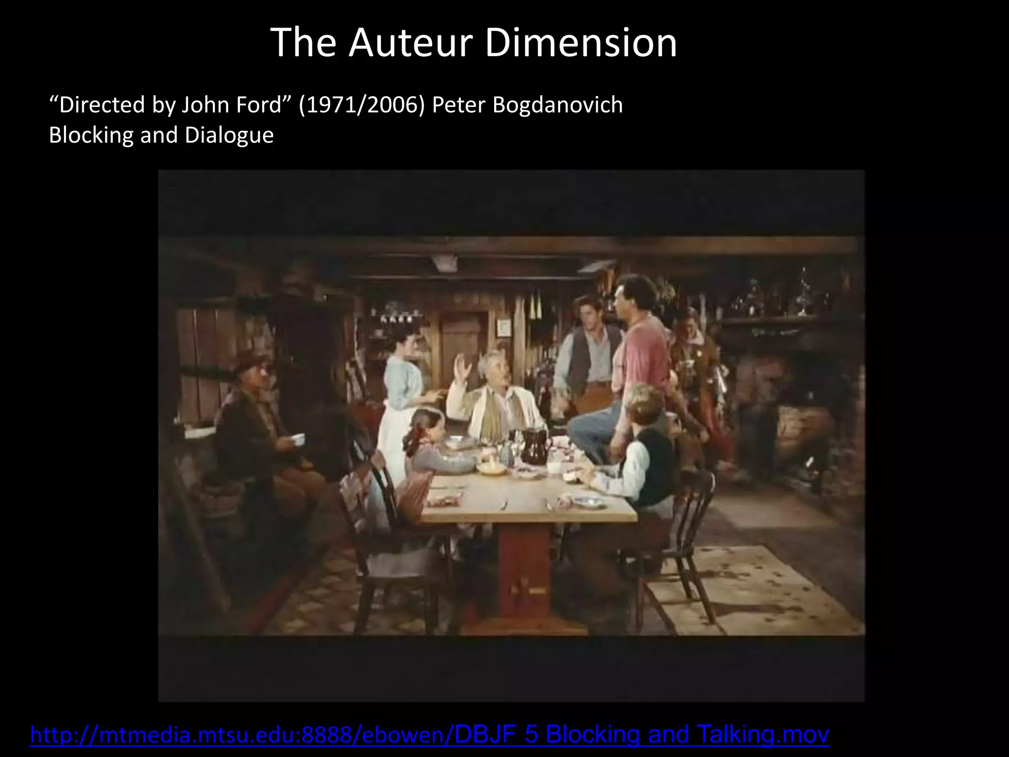 The Auteur Dimension
“Directed by John Ford” (1971/2006) Peter Bogdanovich
Blocking and Dialogue
http://mtmedia.mtsu.edu:8888/ebowen/DBJF 5 Blocking and Talking.mov
 