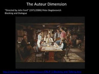 The Auteur Dimension
“Directed by John Ford” (1971/2006) Peter Bogdanovich
Blocking and Dialogue
http://mtmedia.mtsu.edu:8888/ebowen/DBJF 5 Blocking and Talking.mov
 