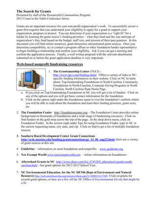 The Search for Grants
Presented by staff of the Resourceful Communities Program
2013 Come to the Table Conference Series

Grants are an important resource for your non-profit organization’s work. To successfully secure a
grant first requires that you understand your eligibility to apply for a grant to support your
organization, program or project. You can determine if your organization is a “right fit” for a
funder by learning the grant source’s funding priorities – what they fund and the size and type of
organization’s they fund based on the budget, staff size, and mission of their past grantees. In this
document you will find online resources, grant directories and potential grant sources. Once you
determine compatibility, try to contact a program officer or other foundation/funder representative
to begin building a relationship and confirm your eligibility. Ask if you can get a meeting and
confirm the application process. Finally, a well written proposal with the relevant attachments
submitted on or before the grant application deadline is very important.

Web-based nonprofit fundraising resources
                         1. The Grantsmanship Center (TGCI) –
                             http://www.tgci.com/funding.shtml Offers a variety of links to NC-
                             specific funding information on their website. Click on NC to learn
                             about: Top Grantmaking Foundations in North Carolina, Community
                             Foundations in North Carolina, Corporate Giving Programs in North
                             Carolina, North Carolina State Home Page.
   a. If you click on Top Grantmaking Foundations in NC you will get a list of funders. Click on
      any of the options and you will get basic contact information for the foundation.
   b. Click on the option right under the foundations name to visit the foundation’s website where
      you will be able to read about the foundation and learn their funding priorities, grant sizes,
      etc.
2. The Foundation Center http://foundationcenter.org/ - The Foundation Center provides online
   background on thousands of foundations and a wide range of fundraising resources. Click on
   find funders in the gold strip across the top of the page. In the drop down menu, click on
   Foundation Finder. In the section right under Tips for using Foundation Finder, type in NC in
   the section requesting name, city state, and zip. Click on find to get a list of multiple foundation
   sources.
3. Southern Rural Development Center Grant Connections
   http://srdc.msstate.edu/funding/grantconnections/gc_14_06_aug12.html, there are a variety
   of grant sources at this site.
4. GuideStar – information on most foundations and nonprofits – www.guidestar.org
5. Tax Exempt World www.taxexemptworld.com – online information on foundations –

6. Afterschool Grants in NC http://www.ehow.com/list_6741024_afterschool-grants-north-
   carolina.html - See grant options for 2012-2013 School Year.

7. NC Environmental Education, for the NC DENR (Dept of Environment and Natural
   Resource) http://web.eenorthcarolina.org/resource/about.aspx?s=10009.0.0.37430 Click on grants for
   several grant options, or here are a few off the NC Office of Environmental Ed site that might be
   a fit:
 