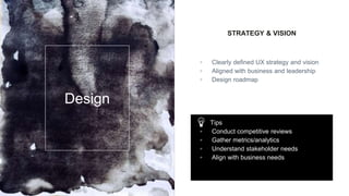 STRATEGY & VISION
▫ Clearly defined UX strategy and vision
▫ Aligned with business and leadership
▫ Design roadmap
Design
Tips
▫ Conduct competitive reviews
▫ Gather metrics/analytics
▫ Understand stakeholder needs
▫ Align with business needs
 