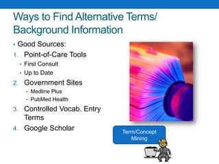 Ways to Find Alternative Terms/
Background Information
• Good Sources:
1. Point-of-Care Tools
• First Consult
• Up to Date
2. Government Sites
• Medline Plus
• PubMed Health
3. Controlled Vocab. Entry
Terms
4. Google Scholar Term/Concept
Mining
 