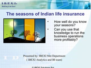 The seasons of Indian life insurance
                          •    How well do you know
                               your seasons?
                          •    Can you use that
                               knowledge to run the
                               business operations
                               more profitably?



       Presented by: IBEXI Met Department
          ( IBEXI Analytics and BI team)
 