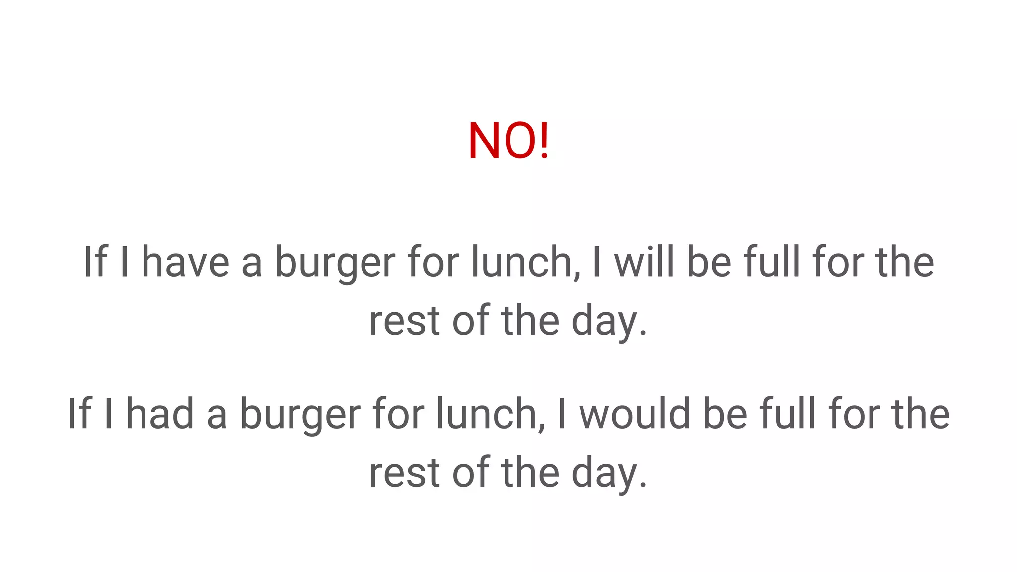 If I have a burger for lunch, I will be full for the
rest of the day.
NO!
If I had a burger for lunch, I would be full for the
rest of the day.
 