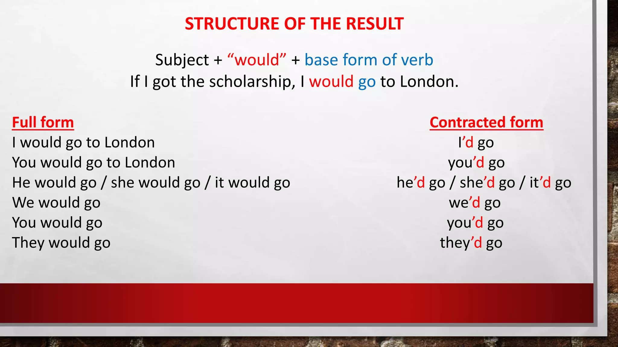 STRUCTURE OF THE RESULT
Subject + “would” + base form of verb
If I got the scholarship, I would go to London.
Full form Contracted form
I would go to London I’d go
You would go to London you’d go
He would go / she would go / it would go he’d go / she’d go / it’d go
We would go we’d go
You would go you’d go
They would go they’d go
 