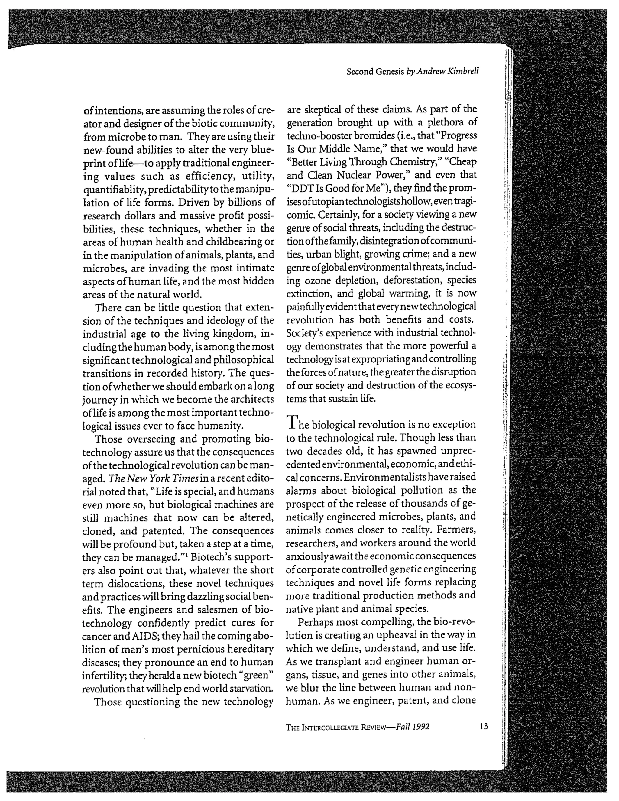 The second genesis: the coming control of life