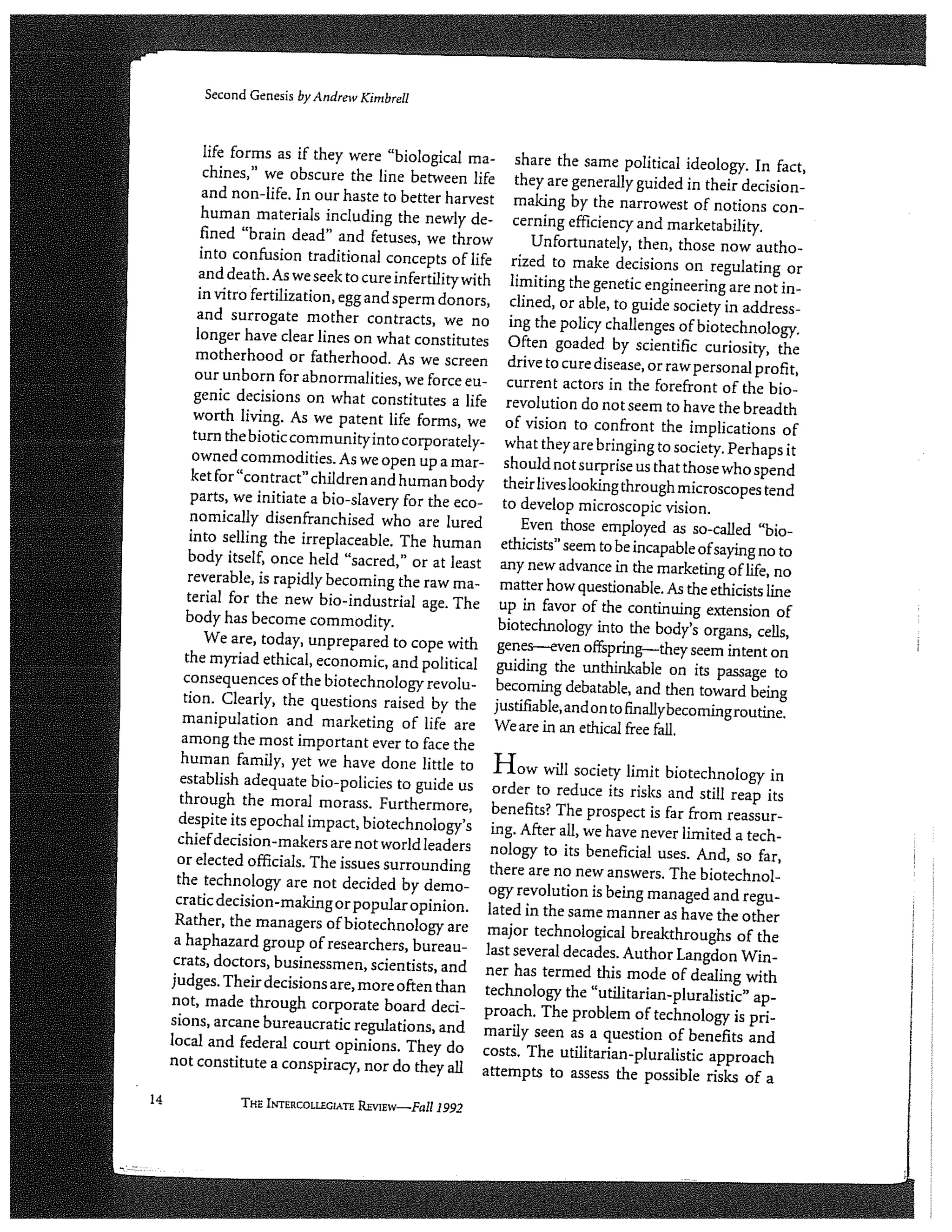 The second genesis: the coming control of life