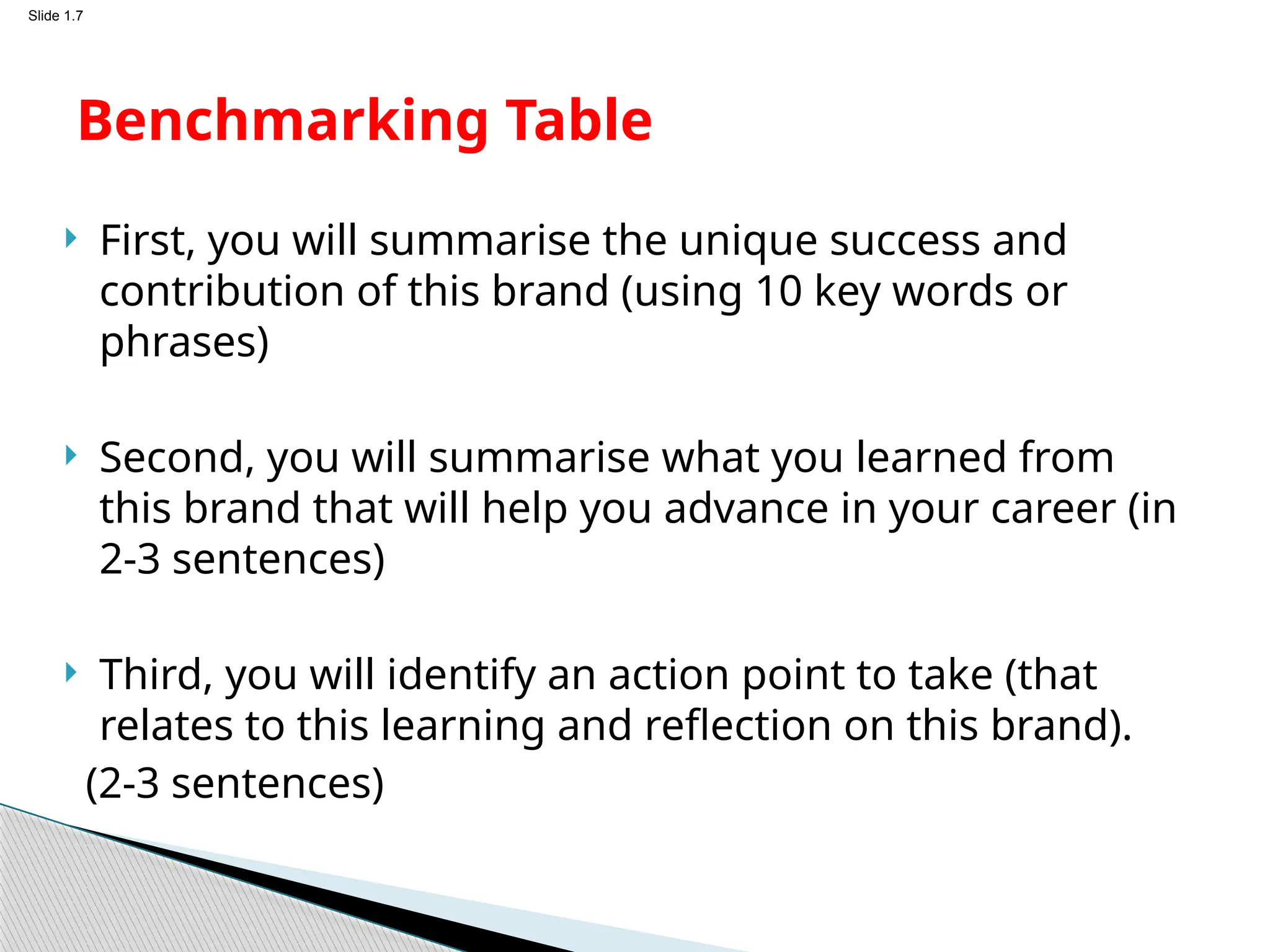Slide 1.7
 First, you will summarise the unique success and
contribution of this brand (using 10 key words or
phrases)
 Second, you will summarise what you learned from
this brand that will help you advance in your career (in
2-3 sentences)
 Third, you will identify an action point to take (that
relates to this learning and reflection on this brand).
(2-3 sentences)
Benchmarking Table
 