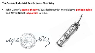 The Second Industrial Revolution—Chemistry
• John Dalton's atomic theory (1805) led to Dmitri Mendeleev's periodic table
and Alfred Nobel's dynamite in 1869.
 