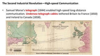 The Second Industrial Revolution—High-speed Communication
• Samuel Morse's telegraph (1844) enabled high-speed long-distance
communication. Undersea telegraph cables tethered Britain to France (1850)
and Ireland to Canada (1858).
 