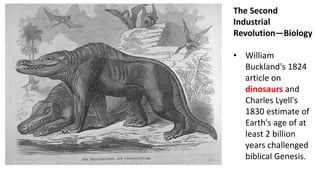 The Second
Industrial
Revolution—Biology
• William
Buckland's 1824
article on
dinosaurs and
Charles Lyell's
1830 estimate of
Earth's age of at
least 2 billion
years challenged
biblical Genesis.
 