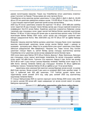 УЛААНБААТАР ХОТЫГ 2020 ОНЫ ХҮРТЭЛ ХӨГЖҮҮЛЭХ ЕРӨНХИЙ ТӨЛӨВЛӨГӨӨНИЙ ТОДОТГОЛ, 
2030 ОН ХҮРТЭЛХ ХӨГЖЛИЙН ЧИГ ХАНДЛАГА 
УЛААНБААТАР ХОТЫН 2030 ОН ХҮРТЭЛХ ХӨГЖЛИЙН ЧИГ ХАНДЛАГА / II БОТЬ 
2013 
дараах хүснэгтүүдээр харуулав. Гэхдээ энд Улаанбаатар хотын цахилгааны ачааллыг 
дээрх 3 ангилал тус бүрээр 7 бүсэд хуваан авч үçэж гаргасан болно. 
Улаанбаатар хотод одоогоор дулаан цахилгааны 3 станц (ДЦС-2, ДЦС-3, ДЦС-4), 35-220 
кВ-ын 275 км цахилгаан дамжуулах агаарын шугам, 110-220 кВ-ын 14 дэд станц, 35 кВ-ын 
11 дэд станцаас хэрэглэгчдийг цахилгаан эрчим хүчээр хангаж байна. 
2020 онд УБ хотын цахилгааны ачаалал ба хэрэглээг 110 кВ-ын 2016 мВА-ийн нийлбэр 
хүчин чадалтай 28 дэд станцаас тэжээх бөгөөд эдгээр дэд станцын ерөнхий ачаалалтын 
коэффициент Кач=0.5 орчим байна. Хэдийгээр цахилгаан ачаалалтын байдлаас үçэхэд 
тэжээлийн дэд станцуудын хүчин чадал хангалттай байгаа боловч одоогийн ашиглагдаж 
байгаа 110 кВ-ын 14 дэд станцын 80 орчим хувь нь ашиглалтанд орсноос хойш 10-20 жил 
ашиглагдаж байгаа бөгөөд 2020 оноос эхлэн эдгээр дэд станцуудыг шинэчлэх ажил 
хийгдэх шаардлагатай болно. Мөн 2020-2030 онд 35-110 кВ-ын 437 км ЦДАШ байхаар 
төлөвлөв. 
Өнөөгийн түвшинд ажиллаж байгаа дулааны цахилгаан станцууд бүрэн хүчин чадлаараа 
ажиллаж хэрэглэгчдийг цахилгаан эрчим хүчээр хангаж байгаа хэдий ч цаашид эх 
үүсвэрийн дутагдалд орно. Иймд 5-р эх үүсвэр болон усан цэнэгт цахилгаан станц барих 
çайлшгүй шаардлагатай. Мөн Бөөрөлжүүт, Чандгана тал, Таван толгой, Оюу толгойн 
цахилгаан станцыг барих нь çүйтэй бөгөөд эдгээр станцууд ашиглалтанд орсноор 
Улаанбаатар хотыг цахилгаан эрчим хүчээр найдвартай хангах боломж гарна. 
2020 оноос өмнө одоо байгаа 35/10 кВ-ын Соёолж, Дорнод-1, Ваар, Баянхошуу, Баянçүрх 
дэд станцуудын хүчин чадлыг өргөтгөхөөр төлөвлөсөн ба эдгээр станцуудын нийлбэр 
хүчин чадал 142 мВА болно. Түүнчлэн 10-р хороолол, Баруун 4 çам, Хотын төв орчимд 
35/10 кВ-ын нийт 3 дэд станцыг шинээр барихаар төлөвлөв. Нийлбэр хүчин чадал нь 72 
мВА болно. Шинээр төлөвлөж байгаа дэд станцуудыг Эсгийлэх 35 кВ-ын ЦДАШ-аас 
салбарлан тэжээнэ. Төлөвлөж байгаа 35 кВ-ын ЦДАШ-ын урт 10 км орчим байна. 
Цахилгааны өсөн нэмэгдэж буй хэрэглээг шинээр баригдах эрчим хүчний эх үүсвэр 
ДЦС-5-аас хангана. Эрчим хүчний 5 дах шинэ эх үүсвэрийг ДЦС-3-ийн эдэлбэр гаçарт 6 
çуух, 5 турбинтай нийт 820 мВт цахилгаан, 1101 Гкал/цаг дулаан гаргах хүчин 
чадалтайгаар эхний ээлжийг 2015 онд, хоёр дахь ээлжийг 2020 онд ашиглалтанд 
оруулахаар төлөвлөж байна. 
Уг станцыг байгуулснаар 2025 он хүртэлх хэрэгцээг хангах бөгөөд 2025 оноос хойш 2030 
он хүртэл шинээр 300 орчим мВт чадал шаардагдах тул эрчим хүчний нэмэлт эх үүсвэр 
байгуулах хэрэгцээтэй. 
Хүснэгт 3.7.2.1. ДЦС-уудын суурèлагдсан чадал болон чадлын баланс 
2010 îí 2020 îí 2030 îí 
НИЙСЛЭЛИЙН ЗУРАГ ТӨСЛИЙН ХҮРЭЭЛЭН 149 
1. Хýðýãöýý 
Öàõèëãààíû à÷ààëàë, /ìВò/ 
282 841 1344 
2.ДÖС-óóäûí ñóóðèëàãäñàí ÷àäàë, /ìВò/ 737.5 1572 1872 
ДÖС-2 21.5 21.5 21.5 
ДÖС-3 136 
ДÖС-4 580 580 580 
ДÖС-5 820 820 
Уëààíáààòàð-Уñàí öýíýãò öàõèëãààí ñòàíö 100 100 
Тºв àéìãèéí Сýðãýëýí ñóìûí Сàëõèò 
50 50 
óóëàíä áàðèãäàõ Сàëõèí пàðк 
Шèíý ýõ ¿¿ñвýð 300 
 