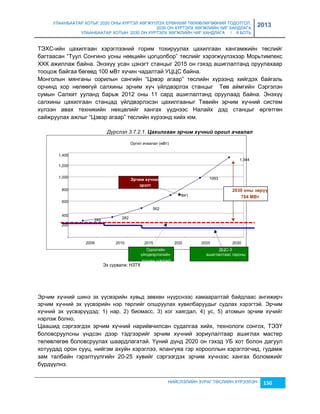 УЛААНБААТАР ХОТЫГ 2020 ОНЫ ХҮРТЭЛ ХӨГЖҮҮЛЭХ ЕРӨНХИЙ ТӨЛӨВЛӨГӨӨНИЙ ТОДОТГОЛ, 
2030 ОН ХҮРТЭЛХ ХӨГЖЛИЙН ЧИГ ХАНДЛАГА 
УЛААНБААТАР ХОТЫН 2030 ОН ХҮРТЭЛХ ХӨГЖЛИЙН ЧИГ ХАНДЛАГА / II БОТЬ 
2013 
ТЭХС-ийн цахилгаан хэрэглээний горим тохируулах цахилгаан хангамжийн төслийг 
багтаасан “Туул Сонгино усны нөөцийн цогцолбор” төслийг хэрэгжүүлэхээр Морьтимпекс 
ХХК ажиллаж байна. Энэхүү усан цэнэгт станцыг 2015 он гэхэд ашиглалтанд оруулахаар 
тооцож байгаа бөгөөд 100 мВт хүчин чадалтай УЦЦС байна. 
Монголын мянганы сорилын сангийн “Цэвэр агаар” төслийн хүрээнд хийгдэх байгаль 
орчинд хор нөлөөгүй салхины эрчим хүч үйлдвэрлэх станцыг Төв аймгийн Сэргэлэн 
сумын Салхит ууланд барьж 2012 оны 11 сард ашиглалтанд оруулаад байна. Энэхүү 
салхины цахилгаан станцад үйлдвэрлэсэн цахилгааныг Төвийн эрчим хүчний систем 
хүлээн авах техникийн нөхцөлийг хангах үүднээс Налайх дэд станцыг өргөтгөн 
сайжруулах ажлыг “Цэвэр агаар” төслийн хүрээнд хийх юм. 
Дүрслэл 3.7.2.1. Цахèлгаан эрчèм хүчнèé оргèл ачаалал 
Оргил ачаалал (мВт) 
НИЙСЛЭЛИЙН ЗУРАГ ТӨСЛИЙН ХҮРЭЭЛЭН 150 
1,400 
1,344 
1,200 
1,000 
Эð÷èì õ¿÷íèé 
1093 
800 
ýðýëò 
2030 îíû зºð¿¿ 
841 
784 МВò 
600 
400 
249 
562 
282 
200 
- 
2009 2010 2015 2020 2025 2030 
Одоогийн ДЦС-3 
үйлдвэрлэлийн ашиглалтаас гарсны 
Эх сурвалж: НЗТХ 
хүчин чадал 
дараах үйлдвэрлэлийн 
Эрчим хүчний шинэ эх үүсвэрийн хувьд çөвхөн нүүрснээс хамааралтай байдлаас ангижирч 
эрчим хүчний эх үүсвэрийн нэр төрлийг олшруулах хувилбаруудыг судлах хэрэгтэй. Эрчим 
хүчний эх үүсвэрүүдэд: 1) нар, 2) биомасс, 3) хог хаягдал, 4) ус, 5) атомын эрчим хүчийг 
нэрлэж болно. 
Цаашид сэргээгдэх эрчим хүчний нарийвчилсан судалгаа хийх, технологи сонгох, ТЭЗҮ 
боловсруулсны үндсэн дээр тэдгээрийг эрчим хүчний çориулалтаар ашиглах мастер 
төлөвлөгөө боловсруулах шаардлагатай. Үүний дүнд 2020 он гэхэд УБ хот болон дагуул 
хотуудад орон сууц, нийгэм ахуйн хэрэглээ, ялангуяа гэр хорооллын хэрэглэгчид, гудамж 
çам талбайн гэрэлтүүлгийн 20-25 хувийг сэргээгдэх эрчим хүчнээс хангах боломжийг 
бүрдүүлнэ. 
 