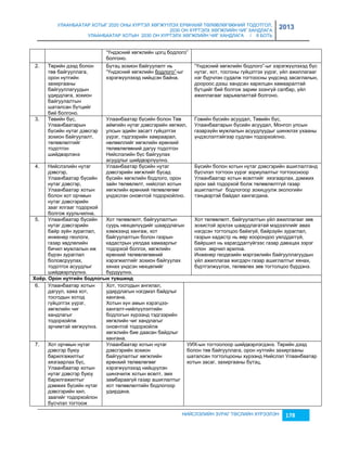 УЛААНБААТАР ХОТЫГ 2020 ОНЫ ХҮРТЭЛ ХӨГЖҮҮЛЭХ ЕРӨНХИЙ ТӨЛӨВЛӨГӨӨНИЙ ТОДОТГОЛ, 
2030 ОН ХҮРТЭЛХ ХӨГЖЛИЙН ЧИГ ХАНДЛАГА 
УЛААНБААТАР ХОТЫН 2030 ОН ХҮРТЭЛХ ХӨГЖЛИЙН ЧИГ ХАНДЛАГА / II БОТЬ 
2013 
“Үндэсний хөгжлийн цогц бодлого” 
болгоно. 
НИЙСЛЭЛИЙН ЗУРАГ ТӨСЛИЙН ХҮРЭЭЛЭН 178 
2. Т өрийн дээд болон 
төв байгууллага, 
орон нутгийн 
çахиргааны 
байгууллагуудын 
удирдлага, çохион 
байгуулалтын 
шаталсан бүтцийг 
бий болгоно. 
Бүтэц çохион байгуулалт нь 
“Үндэсний хөгжлийн бодлого”-ыг 
хэрэгжүүлэхэд нийцсэн байна. 
“Үндэсний хөгжлийн бодлого”-ыг хэрэгжүүлэхэд бүс 
нутаг, хот, тосгоны гүйцэтгэх үүрэг, үйл ажиллагааг 
нэг бүрчлэн судалж тогтоосны үндсэнд çасаглалын, 
доороос дээш хандсан харилцан хамааралтай 
бүтцийг бий болгож çарим эçэнгүй салбар, үйл 
ажиллагааг харьяалалтай болгоно. 
3. Т өвийн бүс, 
Улаанбаатарын 
бүсийн нутаг дэвсгэр 
çохион байгуулалт, 
төлөвлөлтийг 
тодотгон 
шийдвэрлэнэ 
Улаанбаатар бүсийн болон Төв 
аймгийн нутаг дэвсгэрийн хөгжил, 
улсын эдийн çасагт гүйцэтгэх 
үүрэг, тэдгээрийн хамраарал, 
нөлөөллийг хөгжлийн ерөнхий 
төлөвлөгөөний дагуу тодотгон 
Нийслэлийн бүс байгуулах 
асуудлыг шийдвэрлүүлнэ. 
Говийн бүсийн асуудал, Төвийн бүс, 
Улаанбаатарын бүсийн асуудал, Монгол улсын 
гаçарçүйн мужлалын асуудлуудыг шинжлэх ухааны 
үндэслэлтэйгээр судлан тодорхойлно. 
4. Н ийслэлийн нутаг 
дэвсгэр, 
Улаанбаатар бүсийн 
нутаг дэвсгэр, 
Улаанбаатар хотын 
болон хот орчмын 
нутаг дэвсгэрийн 
çааг ялгааг тодорхой 
болгож хуульчилна. 
Улаанбаатар бүсийн нутаг 
дэвсгэрийн хөгжлийг бусад 
бүсийн хөгжлийн бодлого, орон 
çайн төлөвлөлт, нийслэл хотын 
хөгжлийн ерөнхий төлөвлөгөөг 
үндэслэн оновчтой тодорхойлно. 
Бүсийн болон хотын нутаг дэвсгэрийн ашиглалтанд 
бүсчлэл тогтоон үүрэг çориулалтыг тогтоосноор 
Улаанбаатар хотын өсөлтийг хяçгаарлах, дэмжих 
орон çай тодорхой болж төлөвлөлтгүй гаçар 
ашиглалтыг бодлогоор çохицуулж экологийн 
тэнцвэртэй байдал хангагдана. 
5. У лаанбаатар бүсийн 
нутаг дэвсгэрийн 
байр çүйн çураглал, 
инженер геологи, 
гаçар хөдлөлийн 
бичил мужлалын иж 
бүрэн çураглал 
боловсруулах, 
тодотгох асуудлыг 
шийдвэрлүүлнэ. 
Хот төлөвлөлт, байгуулалтын 
суурь нөхцөлүүдийг шаардлагын 
хэмжээнд хангаж, хот 
байгуулалтын болон гаçрын 
кадастрын уялдаа хамаарлыг 
тодорхой болгох, хөгжлийн 
ерөнхий төлөвлөгөөний 
хэрэгжилтийг çохион байгуулах 
хянах үндсэн нөхцөлийг 
бүрдүүлнэ. 
Хот төлөвлөлт, байгуулалтын үйл ажиллагааг çөв 
çохистой эрхлэх шаардлагатай мэдээллийг авах 
нэгдсэн тогтолцоо байхгүй, байрçүйн çураглал, 
гаçрын кадастр нь өөр хоорондоо уялддаггүй, 
байршил нь харагддаггүйгээс гаçар давхцах çэрэг 
олон çөрчил арилна. 
Инженер геодеçийн мэргэжлийн байгууллагуудын 
үйл ажиллагаа жигдэрч гаçар ашиглалтыг хянах, 
бүртгэлжүүлэх, төлөвлөх çөв тогтолцоо бүрдэнэ. 
Хîёð. Оðîí íóòãèéí áîäëîãûí ò¿вшèíä 
6. У лаанбаатар хотын 
дагуул, хаяа хот, 
тосгодын хотод 
гүйцэтгэх үүрэг, 
хөгжлийн чиг 
хандлагыг 
тодорхойлж 
эрчимтэй хөгжүүлнэ. 
Хот, тосгодын ангилал, 
удирдлагын нэгдмэл байдлыг 
хангана. 
Хотын хүн амын хэрэгцээ- 
хангалт-нийлүүлэлтийн 
бодлогын хүрээнд тэдгээрийн 
хөгжлийн чиг хандлагыг 
оновчтой тодорхойлж 
хөгжлийн бие даасан байдлыг 
хангана. 
7. Х от орчмын нутаг 
дэвсгэр буюу 
барилгажилтыг 
хяçгаарлах бүс, 
Улаанбаатар хотын 
нутаг дэвсгэр буюу 
барилгажилтыг 
дэмжих бүсийн нутаг 
дэвсгэрийн хил, 
çаагийг тодорхойлон 
бүсчлэл тогтоож 
Улаанбаатар хотын нутаг 
дэвсгэрийн çохион 
байгуулалтыг хөгжлийн 
ерөнхий төлөвлөгөөг 
хэрэгжүүлэхэд нийцүүлэн 
шинэчилж хотын өсөлт, эмх 
çамбараагүй гаçар ашиглалтыг 
хот төлөвлөлтийн бодлогоор 
удирдана. 
УИХ-ын тогтоолоор шийдвэрлэгдэнэ. Төрийн дээд 
болон төв байгууллага, орон нутгийн çахиргааны 
шаталсан тогтолцооны хүрээнд Нийслэл Улаанбаатар 
хотын çасаг, çахиргааны бүтэц, 
 