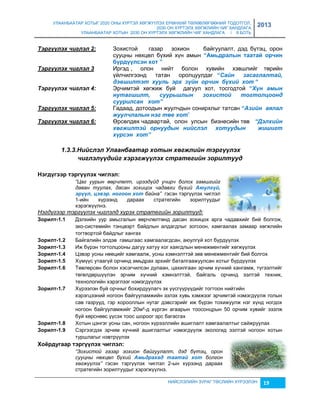 УЛААНБААТАР ХОТЫГ 2020 ОНЫ ХҮРТЭЛ ХӨГЖҮҮЛЭХ ЕРӨНХИЙ ТӨЛӨВЛӨГӨӨНИЙ ТОДОТГОЛ, 
2030 ОН ХҮРТЭЛХ ХӨГЖЛИЙН ЧИГ ХАНДЛАГА 
УЛААНБААТАР ХОТЫН 2030 ОН ХҮРТЭЛХ ХӨГЖЛИЙН ЧИГ ХАНДЛАГА / II БОТЬ 
2013 
Тэргүүлэх чèглэл 2: Зохистой гаçар çохион байгуулалт, дэд бүтэц, орон 
сууцны нөхцөл бүхий хүн амын “Аìüäðàëûí òààòàé îð÷èí 
á¿ðä¿¿ëñýí õîò ” 
Тэргүүлэх чèглэл 3 Иргэд , олон нийт болон хувийн хэвшлийг төрийн 
үйлчилгээнд татан оролцуулдаг “Саéн засаглалтаé, 
дэâøèлтэт хууль эрх зүéн орчèн бүхèé хот “ 
Тэргүүлэх чèглэл 4: Эрчимтэй хөгжиж буй дагуул хот, тосгодтой “Хүн амын 
нутагøèлт, суурьøлын зохèстоé тогтолцоонд 
суурèлсан хот” 
Тэргүүлэх чèглэл 5: Гадаад, дотоодын жуулчдын сонирхлыг татсан “Àзèéн аялал 
жуулчлалын нэг төâ хот” 
Тэргүүлэх чèглэл 6: Өрсөлдөх чадвартай, олон улсын биçнесийн төв “Дэлхèéн 
хөгжèлтэé орнуудын нèéслэл хотуудын жèøèгт 
хүрсэн хот” 
1.3.3.Нèéслэл Улаанбаатар хотын хөгжлèéн тэргүүлэх 
чèглэлүүдèéг хэрэгжүүлэх стратåгèéн зорèлтууд 
НИЙСЛЭЛИЙН ЗУРАГ ТӨСЛИЙН ХҮРЭЭЛЭН 19 
Нýãä¿ãýýð òýðã¿¿ëýõ ÷èãëýë: 
“Цаг уурын өөрчлөлт, ирээдүйд учирч болох гамшгийг 
даван туулах, дасан зохицох чадавхи бүхий Àюулгүé, 
эрүүл, цэâэр. ногоон хот байна” гэсэн тэргүүлэх чиглэл 
1-ийн хүрээнд дараах стратегийн çорилтуудыг 
хэрэгжүүлнэ. 
Нэгдүгээр тэргүүлэх чиглэлд хүрэх стратегийн зорилтууд: 
Зîðèëò-1.1 Дэлхийн уур амьсгалын өөрчлөлтөнд дасан çохицох арга чадавхийг бий болгож, 
эко-системийн тэнцвэрт байдлын алдагдлыг çогсоон, хамгаалах çамаар хөгжлийн 
тогтвортой байдлыг хангах 
Зîðèëò-1.2 Байгалийн элдэв гамшгаас хамгаалагдсан, аюулгүй хот бүрдүүлэх 
Зîðèëò-1.3 Иж бүрэн тогтолцооны дагуу хатуу хог хаягдлын менежментийг хөгжүүлэх 
Зîðèëò-1.4 Цэвэр усны нөөцийг хамгаалж, усны хэмнэлттэй çөв менежментийг бий болгох 
Зîðèëò-1.5 Хүмүүс утаагүй орчинд амьдрах эрхийг баталгаажуулсан хотыг бүрдүүлэх 
Зîðèëò-1.6 Төвлөрсөн болон хэсэгчилсэн дулаан, цахилгаан эрчим хүчний хангамж, түгээлтийг 
төгөлдөршүүлэн эрчим хүчний хэмнэлттэй, байгаль орчинд ээлтэй техник, 
технологийн хэрэглээг нэмэгдүүлэх 
Зîðèëò-1.7 Хүрээлэн буй орчныг бохирдуулагч эх үүсгүүрүүдийг тогтоон нийтийн 
хэрэгцээний ногоон байгууламжийн эçлэх хувь хэмжээг эрчимтэй нэмэгдүүлж голын 
сав гаçрууд, гэр хорооллын нутаг дэвсгэрийг иж бүрэн тохижуулж нэг хүнд ногдох 
ногоон байгууламжийг 20м²-д хүргэн агаарын тоосонцрын 50 орчим хувийг эçэлж 
буй хөрснөөс үүсэх тоос шороог эрс багасгах 
Зîðèëò-1.8 Хотын цэнгэг усны сан, ногоон хүрээллийн ашиглалт хамгаалалтыг сайжруулах 
Зîðèëò-1.9 Сэргээгдэх эрчим хүчний ашиглалтыг нэмэгдүүлж экологид ээлтэй ногоон хотын 
туршлагыг нэвтрүүлэх 
Хîёðäóãààð òýðã¿¿ëýõ ÷èãëýë: 
“Зохистой газар зохион байгуулалт, дэд бүтэц, орон 
сууцны нөхцөл бүхий Àмьдрахад таатаé хот болгон 
хөгжүүлэх” гэсэн тэргүүлэх чиглэл 2-ын хүрээнд дараах 
стратегийн çорилтуудыг хэрэгжүүлнэ. 
 