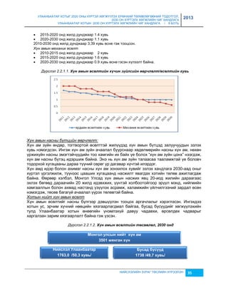 УЛААНБААТАР ХОТЫГ 2020 ОНЫ ХҮРТЭЛ ХӨГЖҮҮЛЭХ ЕРӨНХИЙ ТӨЛӨВЛӨГӨӨНИЙ ТОДОТГОЛ, 
2030 ОН ХҮРТЭЛХ ХӨГЖЛИЙН ЧИГ ХАНДЛАГА 
УЛААНБААТАР ХОТЫН 2030 ОН ХҮРТЭЛХ ХӨГЖЛИЙН ЧИГ ХАНДЛАГА / II БОТЬ 
2013 
 2015-2020 онд жилд дунджаар 1.4 хувь 
 2020-2030 онд жилд дунджаар 1.1 хувь 
2010-2030 онд жилд дунджаар 3,39 хувь өснө гэж тооцсон. 
Хүн амын механик өсөлт 
 2010-2015 онд жилд дунджаар 2 хувь 
 2015-2020 онд жилд дунджаар 1.6 хувь 
 2020-2030 онд жилд дунджаар 0.9 хувь өснө гэсэн хүлээлт байна. 
Дүрслэл 2.2.1.1. Хүн амын өсөлтèéн хүчèн зүéлсèéн өөрчлөлт/өсөлтèéн хуâь 
Хүн амын насны бүтцийн өөрчлөлт: 
Хүн ам çүйн өндөр, тогтвортой өсөлттэй жилүүдэд хүн амын бүтцэд çалуучуудын эçлэх 
хувь нэмэгдсэн. Ингэж хүн ам çүйн ачаалал буурснаар хөдөлмөрийн насны хүн ам, нөхөн 
үржихүйн насны эмэгтэйчүүдийн тоо хамгийн их байх үе болох “хүн ам çүйн цонх” нээгдэж, 
хүн ам насны бүтэц идэршиж байна. Энэ нь хүн ам çүйн талаасаа тааламжтай үе боловч 
тодорхой хугацааны дараа түүний сөрөг үр дагавар хүчтэй илэрдэг. 
Хүн амд идэр болон ахимаг насны хүн ам çонхилох хувийг эçлэх хандлага 2030-аад оныг 
хүртэл үргэлжилж, түүнээс цааших хугацаанд насжилт явагдах хэтийн төлөв ажиглагдаж 
байна. Өөрөөр хэлбэл, Монгол Улсад хүн амын насжих явц 20-иод жилийн дараагаас 
эхлэх бөгөөд дараачийн 20 жилд идэвхжих, үүнтэй холбоотойгоор эрүүл мэнд, нийгмийн 
хамгааллын болон ахмад настанд үçүүлэх асрамж, халамжийн үйлчилгээний çардал өсөн 
нэмэгдэж, төсөв багагүй ачаалал үүрэх төлөвтэй байна. 
Хотын нийт хүн амын өсөлт 
Хүн амын өсөлтийг насны бүлгээр дэвшүүлэн тооцох аргачлалыг хэрэглэсэн. Ингэхдээ 
хотын ус, эрчим хүчний нөөцийн хяçгаарлагдмал байгаа, бусад бүсүүдийг хөгжүүлэхийн 
тулд Улаанбаатар хотын өнөөгийн үнэмлэхүй давуу чадавхи, өрсөлдөх чадварыг 
харгалçан çарим хяçгаарлалт байна гэж үçсэн. 
Дүрслэл 2.2.1.2. Хүн амын өсөлтèéн төсөөлөл, 2030 онд 
Мîíãîë óëñûí íèéò õ¿í àì 
3501 ìяíãàí õ¿í 
НИЙСЛЭЛИЙН ЗУРАГ ТӨСЛИЙН ХҮРЭЭЛЭН 35 
Нèéñëýë Уëààíáààòàð 
1763,0 /50,3 õóвü/ 
Бóñàä á¿ñ¿¿ä 
1738 /49,7 õóвü/ 
 