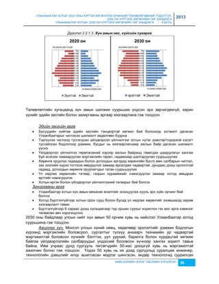 УЛААНБААТАР ХОТЫГ 2020 ОНЫ ХҮРТЭЛ ХӨГЖҮҮЛЭХ ЕРӨНХИЙ ТӨЛӨВЛӨГӨӨНИЙ ТОДОТГОЛ, 
2030 ОН ХҮРТЭЛХ ХӨГЖЛИЙН ЧИГ ХАНДЛАГА 
УЛААНБААТАР ХОТЫН 2030 ОН ХҮРТЭЛХ ХӨГЖЛИЙН ЧИГ ХАНДЛАГА / II БОТЬ 
2013 
Дүрслэл 2.2.1.3. Хүн амын нас, хүéсèéн суâарга 
2020 îí 
65,00040,00015,000 
15,00040,00065,000 
70+ 
65+69. 
60-64. 
55-59. 
50-54. 
45-49. 
40-44. 
35-39. 
30-34. 
25-29. 
20-24. 
15-19. 
10-14. 
5-9. 
0-4. 
Эрэгтэй Эмэгтэй 
2030 îí 
65,00040,00015,000 
15,00040,00065,000 
70+ 
65+69. 
60-64. 
55-59. 
50-54. 
45-49. 
40-44. 
35-39. 
30-34. 
25-29. 
20-24. 
15-19. 
10-14. 
5-9. 
0-4. 
эрэгтэй Эмэгтэй 
Төлөвлөлтийн хугацаанд хүн амын шилжин суурьших үндсэн эрх çөрчигдөхгүй, харин 
үүнийг эдийн çасгийн болон çахиргааны аргаар хяçгаарлана гэж тооцсон. 
НИЙСЛЭЛИЙН ЗУРАГ ТӨСЛИЙН ХҮРЭЭЛЭН 36 
Эдийн засгийн арга 
 Бүсүүдийн нийгэм эдийн çасгийн тэнцвэртэй хөгжил бий болсноор хотжилт дагасан 
Улаанбаатарыг чиглэсэн шилжилт хөдөлгөөн буурна 
 Тэргүүлэх чиглэлд тусгагдсан үйлдвэрлэл үйлчилгээг хотын нутаг дэвсгэр/тодорхой хэсэгт 
тусгайлсан бодлогоор дэмжих, бусдыг нь хяçгаарласнаар ажлын байр дагасан шилжилт 
үүснэ 
 Үйлдвэрлэл үйлчилгээ төрөлжсөний хэрээр ажлын байранд тавигдах шаардлагыг хангаж 
буй эсэхээс хамааруулан мэргэжлийн төрөл, чадавхиар шалгаруулан суурьшуулах 
 Хөрөнгө оруулах гадаадын болон дотоодын иргэдэд хөрөнгийн босго мөн салбарын чиглэл, 
çах çээлийн хүрээ тогтоож мөрдүүлэх çамаар өрсөлдөх чадвартай, дундаас дээш орлоготой 
гадаад, дотоодын хөрөнгө оруулагчдыг татан суурьшуулах 
 Үл хөдлөх хөрөнгийн татвар, гаçрын хураамжийг нэмэгдүүлэх çамаар хотод амьдрах 
өртгийг нэмэгдүүлэх 
 Хотын иргэн болон үйлдвэрлэл үйлчилгээний татварыг бий болгох 
Захиргааны арга 
 Улаанбаатар хотын хүн амын механик өсөлтийг çохицуулах хууль эрх çүйн орчинг бий 
болгох 
 Хотод бүртгэлгүйгээр хотын орон сууц болон бусад үл хөдлөх хөрөнгийг эçэмшихэд çарим 
хяçгаарлалт тавих 
 Бүртгэлгүйгээр 6 сараас дээш хугацаагаар түр оршин суухыг хориглох гэх мэт арга хэмжээг 
төлөвлөн авч хэрэгжүүлнэ. 
2030 оны байдлаар улсын нийт хүн амын 50 орчим хувь нь нийслэл Улаанбаатар хотод 
суурьшина гэж тооцсон. 
Ажиллах хүч. Монгол улсын хүний нөөц, хөдөлмөр эрхлэлтийг дэмжих бодлогын 
хүрээнд мэргэжлийн боловсрол, сургалтыг түлхүү анхаарч техникийн ур чадвартай 
мэргэжилтэй боловсон хүчнийг бэлтгэх, уул уурхай, барилга болон хурдацтай хөгжиж 
байгаа үйлдвэрлэлийн салбаруудыг үндэсний боловсон хүчнээр хангах çорилт тавьж 
байна. Ийм учраас дунд сургууль төгсөгчдийн 50-иас доошгүй хувь нь мэргэжилтэй 
ажилчин болно гэж тооцсон. Үлдэх 50 хувь нь их дээд сургуульд суралцаж инженер, 
технологийн дэвшлийг илүү ашигласан мэдлэг шингэсэн, өндөр технологид суурилсан 
 