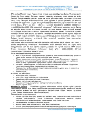 УЛААНБААТАР ХОТЫГ 2020 ОНЫ ХҮРТЭЛ ХӨГЖҮҮЛЭХ ЕРӨНХИЙ ТӨЛӨВЛӨГӨӨНИЙ ТОДОТГОЛ, 
2030 ОН ХҮРТЭЛХ ХӨГЖЛИЙН ЧИГ ХАНДЛАГА 
УЛААНБААТАР ХОТЫН 2030 ОН ХҮРТЭЛХ ХӨГЖЛИЙН ЧИГ ХАНДЛАГА / II БОТЬ 
2013 
ХÀÀ-н бүс: Монгол улсын Гаçрын тухай хуульд çааснаар (2 дугаар бүлэг, 11 дүгээр çүйл) 
Хөдөө Аж Ахуйн гаçарт бэлчээр, хадлан, тариалан, атаршсан гаçар, хөдөө аж ахуйн 
барилга байгууламжийн дэвсгэр, хөдөө аж ахуйн үйлдвэрлэлийн хэрэгцээнд çориулсан 
бусад гаçар хамаарна. Хот байгуулалтын тухай хуулийн 14 дүгээр çүйлийн 5 дах çаалтад 
çааснаар хот суурингийн “Хөдөө аж ахуйн бүсэд гаçар тариалан, эрчимжсэн мал аж ахуй 
ýðõëýõ ãàçàð, õºäºº àæ àõóéí ÷èãëýëèéí áàðèëãà áàéãóóëàìæ áàéðëàõ, õàäëàíãèéí 
çîðèóëàëòààð àøèãëàõ íóòàã дэвсгэрийг төлөвлөнө”. Нийслэлийн хөдөө аж ахуйн бүс нь 
чиг үүргийн хувьд хотын хүн амын хүнсний хэрэгцээг хангах, эрүүл аюулгүй хүнсний 
бүтээгдэхүүн үйлдвэрлэх çориулалт бүхий гаçар тариалан, эрчимт болон хагас эрчимт, 
хосолсон мал аж ахуй эрхлэх бүс байна. Ингэхдээ Нийслэлийн ногоон бүсийн хөдөө аж 
ахуйн гаçарт, гаçрыг хамгаалж, эвдрэл, доройтлоос урьдчилан сэргийлсэн, гаçрын төлөв 
байдал, чанарт өөрчлөлт оруулахгүй байх нөхцөлийг хангасан гаçар ашиглалтын 
хэлбэрийг сонгох нь çүйтэй. 
Нийслэлийн ногоон бүсэд мал аж ахуй эрхлэхдээ Нийслэлийн Засаг даргын 2002 оны 411 
дүгээр çахирамжаар батлагдсан “Нийслэлийн нутаг дэвсгэрт иргэн аж ахуйн нэгж, 
байгууллагаас мал аж ахуй эрхлэх журам”-д çаасан бүс нутагт эрхэлнэ. МАА эрхлэх 
бүсийн төрөлжилт байршлыг Нийслэлиéí ãàçàð çîõèîí áàéãóóëàëòûí åðºíõèé 
төлөвлөгөөнд тусгагдсаны дагуу тогтооно. 
Бүсэд зөвшөөрөгдөх газар ашиглалт: 
 Мал аж ахуйг өрхийн, нарийн төрөлжсөн, эрчимжсэн, хагас эрчимжсэн хэлбэрээр эрхлэхээс 
гадна чөлөөт ашиглалтын бэлчээр хэлбэрээр гаçар ашиглаx; 
 Mалын тэжээл, төмс хүнсний ногоог çохих çөвшөөрөл, нөхцөл болçлын дагуу тариалax; 
 Усалгаатай болон усалгаагүй гаçар тариалан, далд хөрсний, хүлэмжийн аж ахуй эрхлэх 
болон уг гаçар тариалангийн çориулалттай барилга байгууламж барих; 
 Олон наст ургамлын үрийн талбайг шинээр бий болгон хөрсний эвдрэлийг бууруулахад 
чиглэгдсэн тодорхой арга хэмжээнүүдийг авч хэрэгжүүлэх; 
 Тариалангийн талбайг хөрсний элэгдэл эвдрэлээс хамгаалах, үржил шим, үр өгөөжийг нь 
НИЙСЛЭЛИЙН ЗУРАГ ТӨСЛИЙН ХҮРЭЭЛЭН 47 
дээшлүүлэх арга хэмжээ авах; 
 Хадлан хадах; 
Хориглох үйл ажиллагаа: 
 Бэлчээрийн даац хэтрүүлэх; 
 Гол, горхи, булаг, шандын усыг бохирдуулах; 
 Химийн хортой бодисыг хадгалах, булах дарах; 
 Гаçрын хэвлийг дур мэдэн ашиглах; 
 Зөвшөөрөлгүйгээр, çориулалтын бус барилга байгууламж барих; 
 Гаçрын хөрсийг эвдэх; 
Хөдөөгèéн суурèн: Хөдөөгийн сууринд нийслэлийн ногоон бүсийн нутаг дэвсгэрт 
байршиж буй мал аж ахуй, гаçар тариалангийн үйлдвэрлэлийн суурин, эрчимжсэн мал аж 
ахуйн суурин, өрхийн аж ахуй, үйлдвэрлэл үйлчилгээний суурин, амралт çугаалгын 
суурин, төмөр замын суурин зэргийг хамруулна. 
Зөвшөөрөгдөх газар ашиглалт: 
 Оршин суугчдын орон байр, эрчимт мал аж ахуй, гаçар тариалан эрхлэхэд шаардлагатай 
барилга, байгууламжууд, ХАА-н бүтээгдэхүүн боловсруулах, хадгалах барилга 
байгууламжуудыг çохих çөвшөөрөл, төлөвлөгөөний дагуу барьж байгуулах; 
 Хөдөө аж ахуйн үйлдвэрлэл үйлчилгээ явуулах; 
 Малын тэжээл, төмс хүнсний ногоо, жимс, жимсгэнэ тариалах; 
 Жижиг, дунд үйлдвэрлэл үйлчилгээг çохих çөвшөөрлийн дагуу явуулахыг зөвшөөрнө. 
 