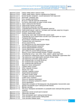 УЛААНБААТАР ХОТЫГ 2020 ОНЫ ХҮРТЭЛ ХӨГЖҮҮЛЭХ ЕРӨНХИЙ ТӨЛӨВЛӨГӨӨНИЙ ТОДОТГОЛ, 
2030 ОН ХҮРТЭЛХ ХӨГЖЛИЙН ЧИГ ХАНДЛАГА 
УЛААНБААТАР ХОТЫН 2030 ОН ХҮРТЭЛХ ХӨГЖЛИЙН ЧИГ ХАНДЛАГА / II БОТЬ 
2013 
Дүрслэл 2.2.6.4. Тойруу төмөр çамын трассын схем 
Дүрслэл 2.2.6.5. Тойруу төмөр çамын трассын нарийвчилсан байрлал 
Дүрслэл 2.2.7.1. Ногоон бүсийн төлөвлөлт, тусгай хамгаалалттай гаçар нутаг 
Дүрслэл 2.2.7.2. Экологийн /коридор/ гарц 
Дүрслэл 2.2.7.3. Усны нөөцийн менежмент 
Дүрслэл 2.2.7.4. УБ хотын ТЦБ-ийн ерөнхий төлөвлөгөө 
Дүрслэл 2.2.8.1. Улс болон нийслэлийн хүн амын хэтийн төлөв 
Дүрслэл 2.2.9.1.1. Эрэлт нийлүүлэлтийн баланс 
Дүрслэл 2.2.9.1.2. Нийслэлийн дулаан хангамж 
Дүрслэл 2.2.9.2.1. Нийслэлийн цахилгаан хангамж 
Дүрслэл 2.2.9.3.1. Улаанбаатарын бүсийн усан хангамжийн хэрэглээ 
Дүрслэл 2.2.9.3.2. Нийслэлийн дагуул, хаяа хот, тосгодын усан хангамж, ариутгах татуурга 
Дүрслэл 2.2.9.3.3. Биохийн цогцолборын бүдүүвч 
Дүрслэл 2.2.9.4.1. Холбоо, мэдээллийн сүлжээ. 
Дүрслэл 3.1.1. Архитектур, орон çайн төлөвлөлтийн үндсэн çураг 
Дүрслэл 3.1.2. Улаанбаатар хотын барилгажих хэсгийн нутаг дэвсгэрийн тиг гортиг 
Дүрслэл 3.1.3. Төлөвлөлтийн бүсүүд 
Дүрслэл 3.1.4. Хотын болон төлөвлөлтийн бүсийн төвүүд 
Дүрслэл 3.1.5. Төлөвлөлтийн нэгж хороолол 
Дүрслэл 3.1.6. Хотын үндсэн бүтэц 
Дүрслэл 3.1.7. Хот байгуулалтын үйл ажиллагааны төрөл. 
Дүрслэл 3.1.1.1. Ногоон байгууламжийн çориулалт 
Дүрслэл 3.1.1.2. Ногоон байгууламжийн ангилал 
Дүрслэл 3.1.1.3. Ногоон байгууламж, цэцэрлэгжилт 
Дүрслэл 3.1.1.4. 2011-2030 оны ногоон байгууламжийн үçүүлэлт 
Дүрслэл 3.1.2.1. Монгол Улсын Нийслэлүүдийн муçейн “Соёмбо” цогцолбор 
Дүрслэл 3.1.3.1. Улаанбаатар хотын түүх, соёл, спорт, амралт, аялал жуулчлал 
Дүрслэл 3.1.4.1. Гэр хорооллыг сайжруулах үндсэн стратегиуд. /Жайкагийн судалгааны баг/ 
Дүрслэл 3.1.4.2. Гэр хорооллын нутаг дэвсгэрийн хөгжлийн хэтийн төлөв 
Дүрслэл 3.1.4.3. Гэр хорооллын хөгжлийн гурван чиглэл 
Дүрслэл 3.2.1. Хот төлөвлөлтийн тогтолцоо ба бүтэц 
Дүрслэл 3.2.2. Хот төлөвлөлтийн үндсэн бүсүүд 
Дүрслэл 3.2.3. Хот төлөвлөлтийн дэд бүсүүд 
Дүрслэл 3.2.4. Барилгыг хянах çохицуулалт 
Дүрслэл 3.3.1.1. Гудамж çамын сүлжээ 
Дүрслэл 3.3.1.2. Олон түвшний огтолцол 
Дүрслэл 3.3.2.1. Хөнгөн галт тэрэг 
Дүрслэл 3.3.2.2. Нийтийн тээврийн сүлжээ 
Дүрслэл 3.3.3.1. Хөдөлгөөний менежмент 
Дүрслэл 3.4.1.1. Хүн амын хэтийн төлөв 
Дүрслэл 3.5.1. Голуудын хөгжлийн төлөвлөлт 
Дүрслэл 3.5.2. Сэлбэ голын тохижилт 
Дүрслэл 3.5.3. Хатуу хог хаягдлын менежмент 
Дүрслэл 3.5.4. Хатуу хог хаягдлын удирдлага, хяналт 
Дүрслэл 3.5.5. Хогны менежмент 
Дүрслэл 3.5.6. Нарангийн энгэрийн хог боловсруулах төв үйлдвэрийин технологийн схем 
Дүрслэл 3.7.1.1. Дулаан хангамжийн эрэлт нийлүүлэлтийн баланс 
Дүрслэл 3.7.1.2. Дулаан хангамж 
Дүрслэл 3.7.1.3. УБ хотын төвлөрсөн хангамжийн эх үүсвэрийн өсөн нэмэгдэж буй дулааны 
НИЙСЛЭЛИЙН ЗУРАГ ТӨСЛИЙН ХҮРЭЭЛЭН 6 
ачаалал 
Дүрслэл 3.7.2.1. Цахилгаан эрчим хүчний оргил ачаалал 
Дүрслэл 3.7.2.2. Цахилгаан хангамж 
Дүрслэл 3.7.3.1. Усан хангамжийн эрэлт нийлүүлэлтийн баланс 
Дүрслэл 3.7.3.2. Усан хангамж /шугам сүлжээ, байгууламж 
Дүрслэл 3.7.3.3. Усан хангамж /хамрах хүрээ 
 