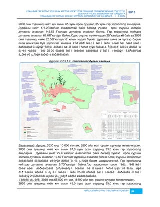 УЛААНБААТАР ХОТЫГ 2020 ОНЫ ХҮРТЭЛ ХӨГЖҮҮЛЭХ ЕРӨНХИЙ ТӨЛӨВЛӨГӨӨНИЙ ТОДОТГОЛ, 
2030 ОН ХҮРТЭЛХ ХӨГЖЛИЙН ЧИГ ХАНДЛАГА 
УЛААНБААТАР ХОТЫН 2030 ОН ХҮРТЭЛХ ХӨГЖЛИЙН ЧИГ ХАНДЛАГА / II БОТЬ 
2013 
2030 оны түвшинд нийт хүн амын 65 хувь орон сууцанд 35 хувь гэр хороололд амьдарна. 
Дулааны нийт 176.2Гкал/цаг ачаалалтай байх бөгөөд үүнээс орон сууцны хэсгийн 
дулааны ачаалал 145.53 Гкал/цаг дулааны ачаалал болно. Гэр хороололд нийтдээ 
дулааны ачаалал 61.67Гкал/цаг байна.Одоо çуухны хүчин чадал 20Гкал/цагх6 байгаа 2030 
оны түвшинд нэмж 25.53Гкал/цагх2 хүчин чадал бүхий дулааны шинэ эх үүсвэр барьж 
өсөн нэмэгдэж буй хэрэгцээг хангана. Гэð õîðîîëëûí îëîí íèéò, íèéãìèéí õàëàìæèéí 
áàðèëãóóäûã õýñýã÷èëñýí äóëààí õàíãàìæèéí ñèñòåìýýñ õàíãàíà. Ãýð õîðîîëëûí äóëààíû 
õ¿÷èí ÷àäëûí íèéò 25-30 õóâèéã îëîí íèéòèéí áàðèëãàä òîîöîí íèéòäýý 18.5Ãêàë/öàã 
á¿õèé ýõ ¿¿ñâýð áàðèõ øààðäëàãàòàй. 
Дүрслэл 2.2.9.1.2. Нèéслэлèéн дулаан хангамж 
Багахангай дүүрэг: 2030 онд 10 000 хүн ам, 2800 айл өрх оршин суухаар төлөвлөгдсөн. 
2030 оны түвшинд нийт хүн амын 67,0 хувь орон сууцанд 33,0 хувь гэр хороололд 
амьдарна. Дулааны нийт 29.4Гкал/цаг ачаалалтай байх бөгөөд үүнээс орон сууцны 
хэсгийн дулааны ачаалал 19.69 Гкал/цаг дулааны ачаалал болно. Орон сууцны хорооллыг 
äóëààíààð õàíãàõäàà øèíýýð äóëààíû ýõ ¿¿ñâýð барих шаардлагатай. Гэр хороололд 
нийтдээ дулааны ачаалал 9.70Гкал/цаг байна.Гэр хорооллын олон íèéò, íèéãìèéí 
õàëàìæèéí áàðèëãóóäûã õýñýã÷èëñýí äóëààí õàíãàìæèéí ñèñòåìýýñ õàíãàíà. Ãýð 
õîðîîëëûí äóëààíû õ¿÷èí ÷àäëûí íèéò 25-30 õóâèéã îëîí íèéòèéí áàðèëãàä òîîöîí 
íèéòäýý 2.9Ãêàë/öàã á¿õèé ýõ ¿¿ñâýð áàðèõ øààðäëàãàòàé. 
Íàëàéõ ä¿¿ðýã: 2030 онд 65 000 хүн ам, 18100 айл өрх оршин суухаар төлөвлөгдсөн. 
2030 оны түвшинд нийт хүн амын 45,0 хувь орон сууцанд 55,0 хувь гэр хороололд 
НИЙСЛЭЛИЙН ЗУРАГ ТӨСЛИЙН ХҮРЭЭЛЭН 84 
 