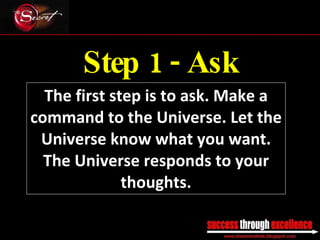 Step 1 - Ask The first step is to ask. Make a command to the Universe. Let the Universe know what you want. The Universe responds to your thoughts. _________________________________________________________________________________ 
