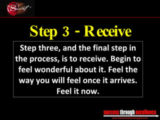 Step 3 - Receive Step three, and the final step in the process, is to receive. Begin to feel wonderful about it. Feel the way you will feel once it arrives. Feel it now. _________________________________________________________________________________ 