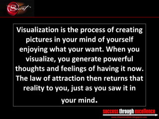 Visualization is the process of creating pictures in your mind of yourself enjoying what your want. When you visualize, you generate powerful thoughts and feelings of having it now. The law of attraction then returns that reality to you, just as you saw it in your mind . _________________________________________________________________________________ 
