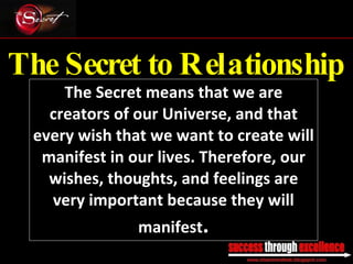 The Secret to Relationship The Secret means that we are creators of our Universe, and that every wish that we want to create will manifest in our lives. Therefore, our wishes, thoughts, and feelings are very important because they will manifest . _________________________________________________________________________________ 