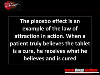 The placebo effect is an example of the law of attraction in action. When a patient truly believes the tablet is a cure, he receives what he believes and is cured _________________________________________________________________________________ 