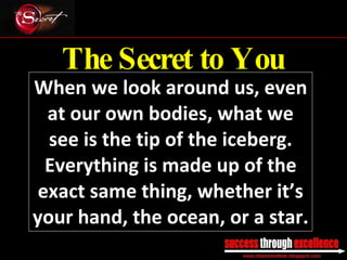 The Secret to You When we look around us, even at our own bodies, what we see is the tip of the iceberg. Everything is made up of the exact same thing, whether it’s your hand, the ocean, or a star. _________________________________________________________________________________ 