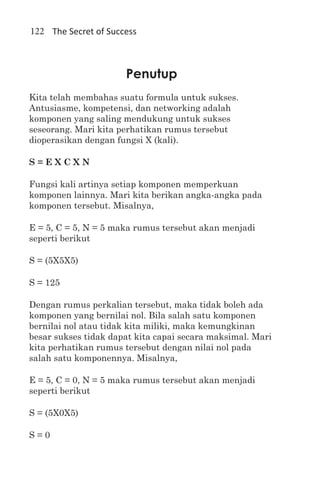 122 The Secret of Success



                      Penutup
Kita telah membahas suatu formula untuk sukses.
Antusiasme, kompetensi, dan networking adalah
komponen yang saling mendukung untuk sukses
seseorang. Mari kita perhatikan rumus tersebut
dioperasikan dengan fungsi X (kali).

S=EXCXN

Fungsi kali artinya setiap komponen memperkuan
komponen lainnya. Mari kita berikan angka-angka pada
komponen tersebut. Misalnya,

E = 5, C = 5, N = 5 maka rumus tersebut akan menjadi
seperti berikut

S = (5X5X5)

S = 125

Dengan rumus perkalian tersebut, maka tidak boleh ada
komponen yang bernilai nol. Bila salah satu komponen
bernilai nol atau tidak kita miliki, maka kemungkinan
besar sukses tidak dapat kita capai secara maksimal. Mari
kita perhatikan rumus tersebut dengan nilai nol pada
salah satu komponennya. Misalnya,

E = 5, C = 0, N = 5 maka rumus tersebut akan menjadi
seperti berikut

S = (5X0X5)

S=0
 