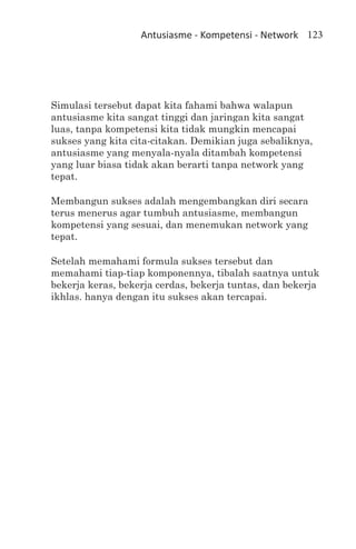 Antusiasme - Kompetensi - Network 123




Simulasi tersebut dapat kita fahami bahwa walapun
antusiasme kita sangat tinggi dan jaringan kita sangat
luas, tanpa kompetensi kita tidak mungkin mencapai
sukses yang kita cita-citakan. Demikian juga sebaliknya,
antusiasme yang menyala-nyala ditambah kompetensi
yang luar biasa tidak akan berarti tanpa network yang
tepat.

Membangun sukses adalah mengembangkan diri secara
terus menerus agar tumbuh antusiasme, membangun
kompetensi yang sesuai, dan menemukan network yang
tepat.

Setelah memahami formula sukses tersebut dan
memahami tiap-tiap komponennya, tibalah saatnya untuk
bekerja keras, bekerja cerdas, bekerja tuntas, dan bekerja
ikhlas. hanya dengan itu sukses akan tercapai.
 