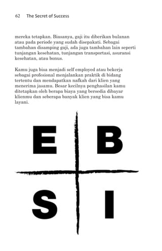 62   The Secret of Success



mereka tetapkan. Biasanya, gaji itu diberikan bulanan
atau pada periode yang sudah disepakati. Sebagai
tambahan disamping gaji, ada juga tambahan lain seperti
tunjangan kesehatan, tunjangan transportasi, asuransi
kesehatan, atau bonus.

Kamu juga bisa menjadi self employed atau bekerja
sebagai profesional menjalankan praktik di bidang
tertentu dan mendapatkan nafkah dari klien yang
menerima jasamu. Besar kecilnya penghasilan kamu
ditetapkan oleh berapa biaya yang bersedia dibayar
klienmu dan seberapa banyak klien yang bisa kamu
layani.
 
