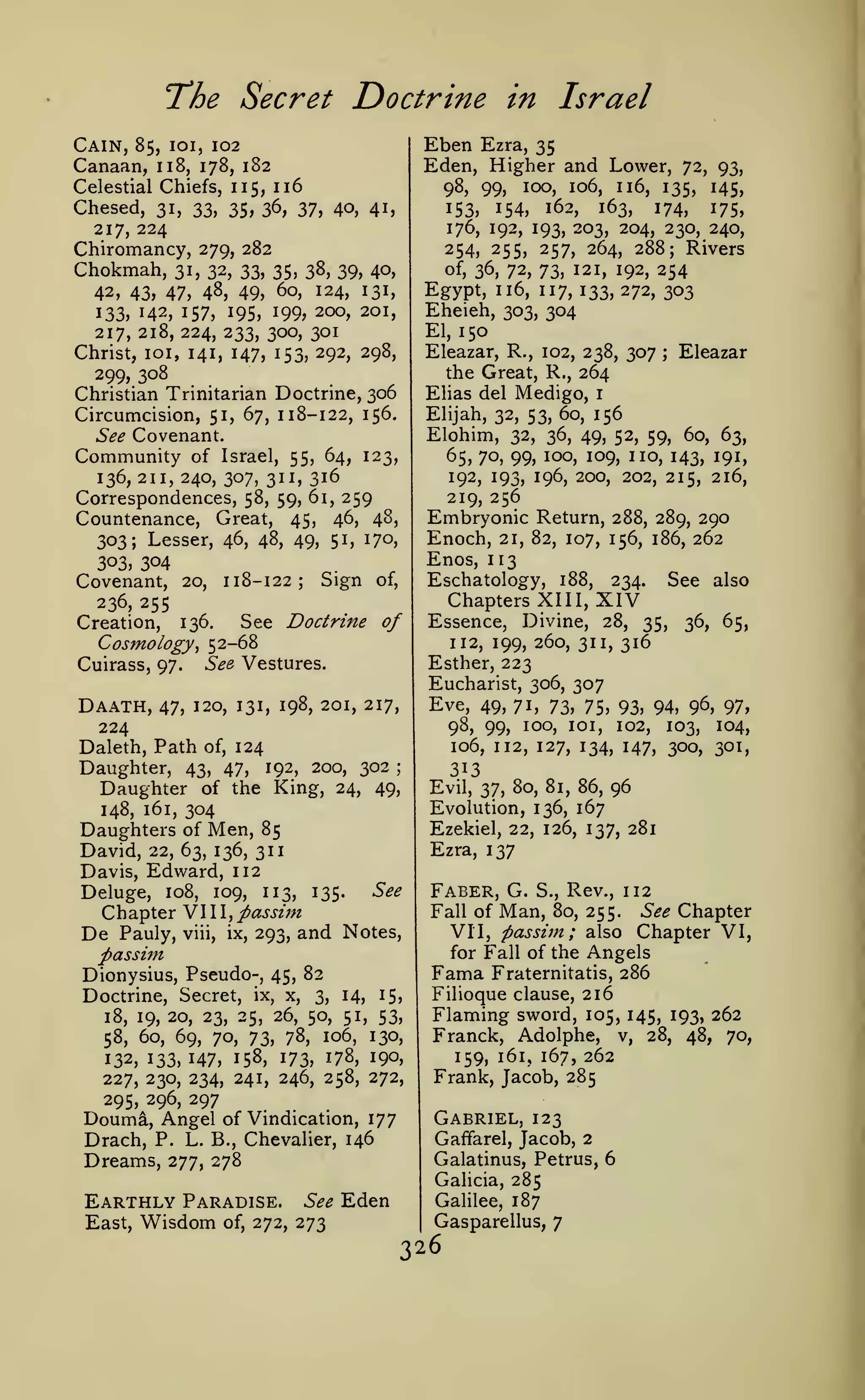 The Secret Doctrine in Israel
Eben

Cain, 85, loi, 102
Canaan, 118, 178, 182

Lovi^er, 72, 93,
98, 99, 100, 106, 116, 135, 145,
163,
153, 154, 162,
174,
175,
176, 192, 193, 203, 204, 230, 240,

Celestial Chiefs, 115, 116

Chesed, 31,
217, 224

33, 35, 36, yj, 4o, 41,

Chiromancy, 279, 282

254, 255, 257, 264, 288; Rivers

Chokmah,

of, 36, 72, 17i, 121, 192, 254
Egypt, 116, 117,133,272, 303
Eheieh, 303, 304

31, 32, 33, 35, 38, 39, 40,
42, 43, 47, 48, 49, 60, 124, 131,
133, 142, 157, 195, 199? 200, 201,
217, 218, 224, 233, 300, 301
Christ, loi, 141, 147, 153, 292, 298,

El, 150

Eleazar, R., 102, 238, 307
the Great, R., 264
Elias del Medigo, i
Elijah, 32, 53, 60, 156

299, 308

Christian Trinitarian Doctrine, 306
Circumcision, 51, 67, 1 18-122, 156.

136,211,240, 307, 311, 316
Correspondences, 58, 59, 61, 259
Countenance, Great, 45, 46, 48,
303; Lesser, 46, 48, 49, 51, 170,
303, 304
Covenant, 20, 1 18-122; Sign of,
236, 255

See Doctrine of
136.
Cosmology^ 52-68

Creation,

Daath,

See Vestures.

47, 120, 131, 198, 201, 217,

224
Daleth, Path of, 124
Daughter, 43, 47, 192, 200, 302
Daughter of the King, 24, 49,
148, 161, 304

219, 256

Embryonic Return,
Enoch, 21,
Enos, 113

Daughters of Men, 85
David, 22, 63, 136, 311
Davis, Edward, 112

288, 289, 290

82, 107, 156, 186,

262

Eschatology, 188, 234. See also
Chapters XIII, XIV
Essence, Divine, 28, 35, 36, 65,
112, 199, 260, 311, 316
Esther, 223
Eucharist, 306, 307
Eve, 49, 71, 73, 75, 93, 94, 96, 97,
98, 99, 100, loi, 102, 103, 104,
106, 112, 127, 134, 147, 300, 301,

313

;

Deluge, 108, 109,

Eleazar

32, 36, 49, 52, 59, 60, 63,
65, 70, 99, 100, 109, no, 143, 191,
192, 193, 196, 200, 202, 215, 216,

of Israel, 55, 64, 123,

Cuirass, 97.

;

Elohim,

See Covenant.

Community

Ezra, 35

Eden, Higher and

Evil, 37, 80, 81, 86, 96
Evolution, 136, 167
Ezekiel, 22, 126, 137, 281

Ezra, 137
135.

113,

See

ChapterVIII, passim
De Pauly, viii, ix, 293, and Notes,
passim
Dionysius, Pseudo-, 45, 82
Doctrine, Secret, ix, x, 3,

Faber, G. S., Rev., 112
Fall of Man, 80, 255. See Chapter
VII, passim; also Chapter VI,
for Fall of the Angels
Fraternitatis, 286

Fama
14?

I5)

Filioque clause, 216

18, 19, 20, 23, 25, 26, 50, 51,

53,

Flaming

58, 60, 69, 70, 73, 78,

106,

130,

132, 133,147, 158, 173, 178, 190,
227, 230, 234, 241, 246, 258, 272,

sv^^ord, 105, 145, 193,

Franck, Adolphe, v,
159, 161, 167, 262
Frank, Jacob, 285

295, 296, 297

Douma, Angel
Drach, P. L.

Dreams,

of Vindication, 177

B., Chevalier, 146

277, 278

Earthly Paradise.
East, Wisdom of, 272,

See
273

Eden

Gabriel, 123
Gaffarel, Jacob, 2
Galatinus, Petrus, 6
Galicia, 285
Galilee, 187
Gasparellus, 7

26

28,

48,

262
70,

 