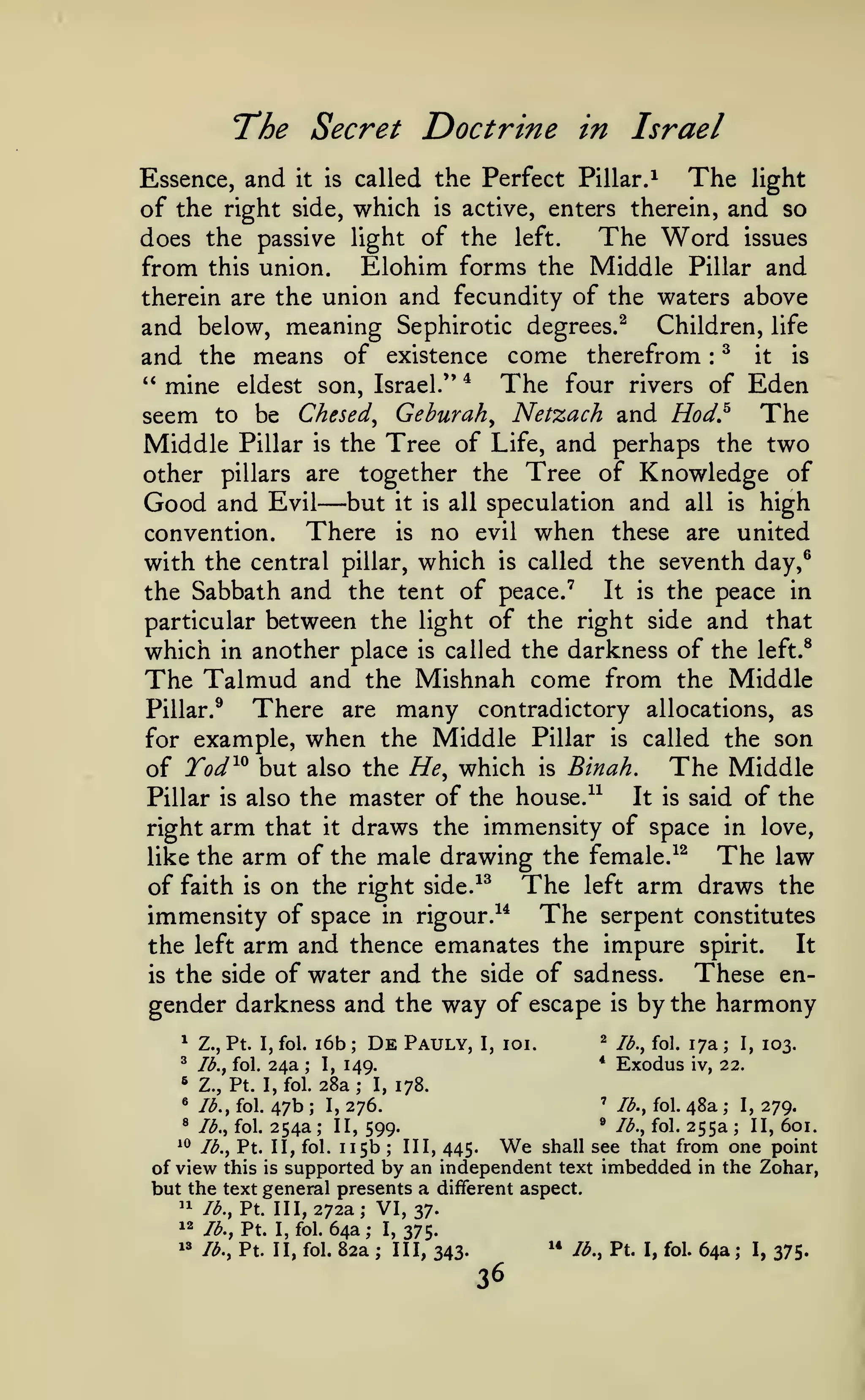 The Secret Doctrine

in Israel

The light
Essence, and it is called the Perfect Pillar. ^
of the right side, which is active, enters therein, and so
The Word issues
does the passive light of the left.
from this union. Elohim forms the Middle Pillar and
therein are the union and fecundity of the waters above
and below, meaning Sephirotic degrees.^ Children, life
and the means of existence come therefrom ^ it is
" mine eldest son, Israel." * The four rivers of Eden
seem to be Chesed^ Geburah^ Netzach and Hod,^ The
Middle Pillar is the Tree of Life, and perhaps the two
other pillars are together the Tree of Knowledge of
Good and Evil but it is all speculation and all is high
There is no evil when these are united
convention.
with the central pillar, which is called the seventh day,^
It is the peace in
the Sabbath and the tent of peace.'
particular between the light of the right side and that
which in another place is called the darkness of the left.^
The Talmud and the Mishnah come from the Middle
:

—

Pillar.^

There

many

are

contradictory allocations, as

when

the Middle Pillar is called the son
of Tod^^ but also the He^ which is Binah. The Middle
It is said of the
Pillar is also the master of the house.^^
right arm that it draws the immensity of space in love,
The law
like the arm of the male drawing the female. ^^
The left arm draws the
of faith is on the right side.^^
immensity of space in rigour.^* The serpent constitutes
It
the left arm and thence emanates the impure spirit.
These enis the side of water and the side of sadness.
gender darkness and the way of escape is by the harmony

for example,

^
^

i6b

Z., Pt. I, fol.

lb. J fol.

* Z.,

Pt.

24a

I, fol.

28a;

*

lb., fol.

47b

®

lb., fol.

254a;

^^ lb.,

De

;

I,

Pt. II, fol.

Pauly,

^

loi.

I,

lb., Pt. II, fol.

I,

;

103.

22.

48a I, 279.
255a; II, 601.
see that from one point
'

115b;

82a

iv,

III, 445.

We

shall

lb., fol.

*

II, 599.

of view this is supported by an independent text
but the text general presents a different aspect.

»«

17a

Exodus

178.

276.

^1 lb., Pt. 111,272a;
12 lb., Pt. I, fol. 64a ;

Ib.^ fol.

*

I,

149.

I,

;

;

lb., fol.

imbedded

;

in the

Zohar,

VI, 37.
I,
;

375.
III, 343.

"

36

lb., Pt. I, fol.

64a

;

I,

375.

 