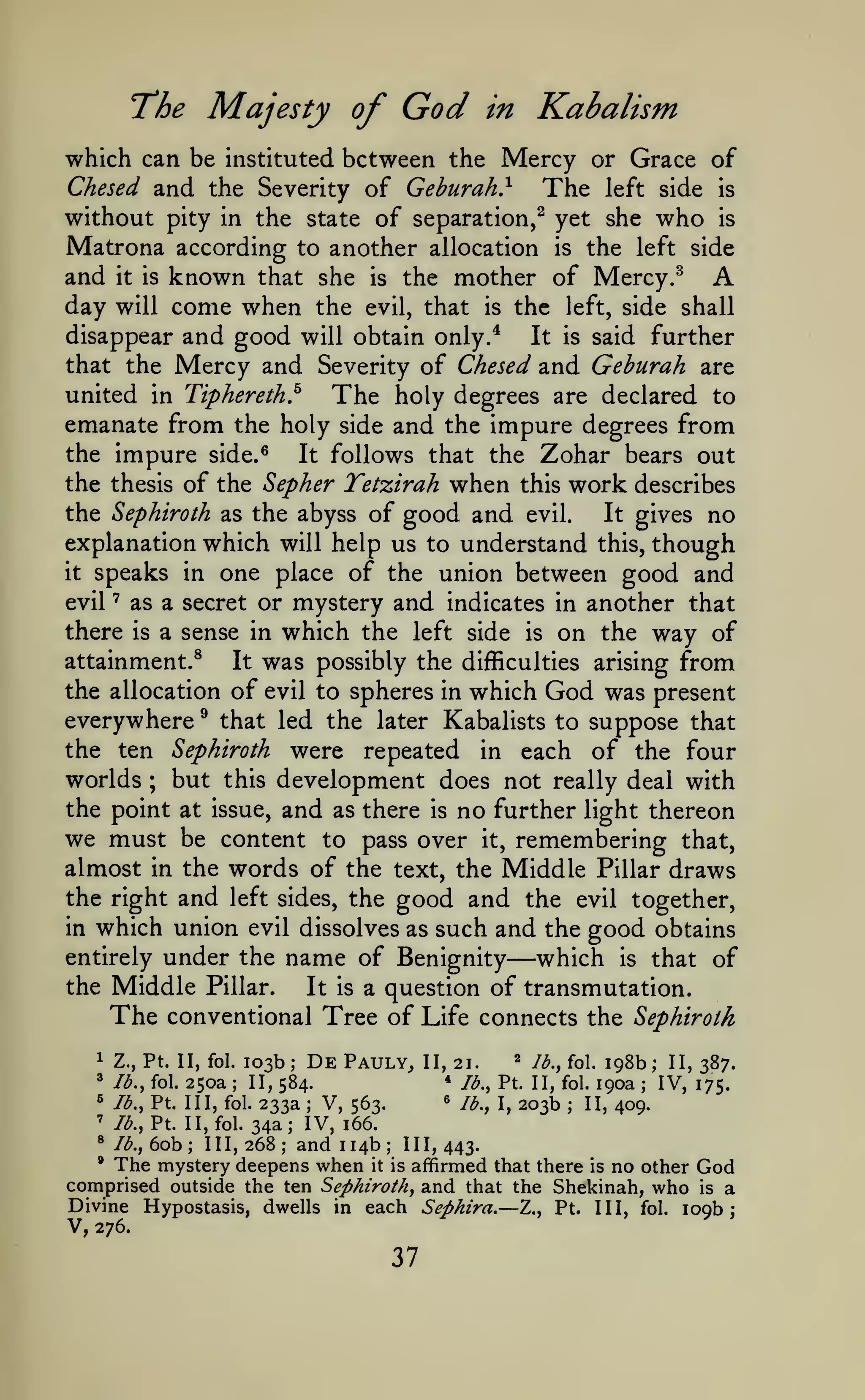 God

Majesty of

T^he

Kabalism

in

which can be instituted between the Mercy or Grace of
Chesed and the Severity of Gehurah}
The left side is
without pity in the state of separation,^ yet she who is

Matrona according
and
day

to another allocation

is

the left side

A

known that
come when

she is the mother of Mercy.^
will
the evil, that is the left, side shall
disappear and good will obtain only.*
It is said further
that the Mercy and Severity of Chesed and Gehurah are
united in Tiphereth,^
The holy degrees are declared to
it is

emanate from the holy side and the impure degrees from
the impure side.^
It follows that the Zohar bears out
the thesis of the Sepher Tetzirah when this work describes
the Sephiroth as the abyss of good and evil.
It gives no
explanation which will help us to understand this, though

speaks in one place of the union between good and
evil ' as a secret or mystery and indicates in another that
there is a sense in which the left side is on the way of

it

attainment.^

It

was possibly the

difficulties arising

the allocation of evil to spheres in which

everywhere
the ten

God was

from

present

^

that led the later Kabalists to suppose that
Sephiroth were repeated in each of the four

but this development does not really deal with
the point at issue, and as there is no further light thereon
we must be content to pass over it, remembering that,
almost in the words of the text, the Middle Pillar draws

worlds

;

the right and left sides, the

good and the evil together,
which union evil dissolves as such and the good obtains
entirely under the name of Benignity
which is that of
the Middle Pillar.
is a question of transmutation.
It
The conventional Tree of Life connects the Sephiroth
in

—

1

Z., Pt. II, fol.

'

lb., fol.

250a

;

103b;

DePauly,

II, 21.
*

II, 584.

^

Ib.yiol.i^Zh; 11,387.
190a
IV, 175.

lb., Pt. II, fol.

;

« lb., I, 203b
233a V, 563.
II, 409.
' Ib.,V.. II, fol. 34a; IV, 166.
^ lb., 6oh III, 268
and 114b 111,443.
• The mystery deepens when it is affirmed that there is no other
God
comprised outside the ten Sephiroth, and that the Shekinah, who is a
Divine Hypostasis, dwells in each Sephira. Z., Pt. Ill, fol. 109b;
V, 276.

«

lb., Pt. Ill, fol.

;

;

;

;

—

37

 