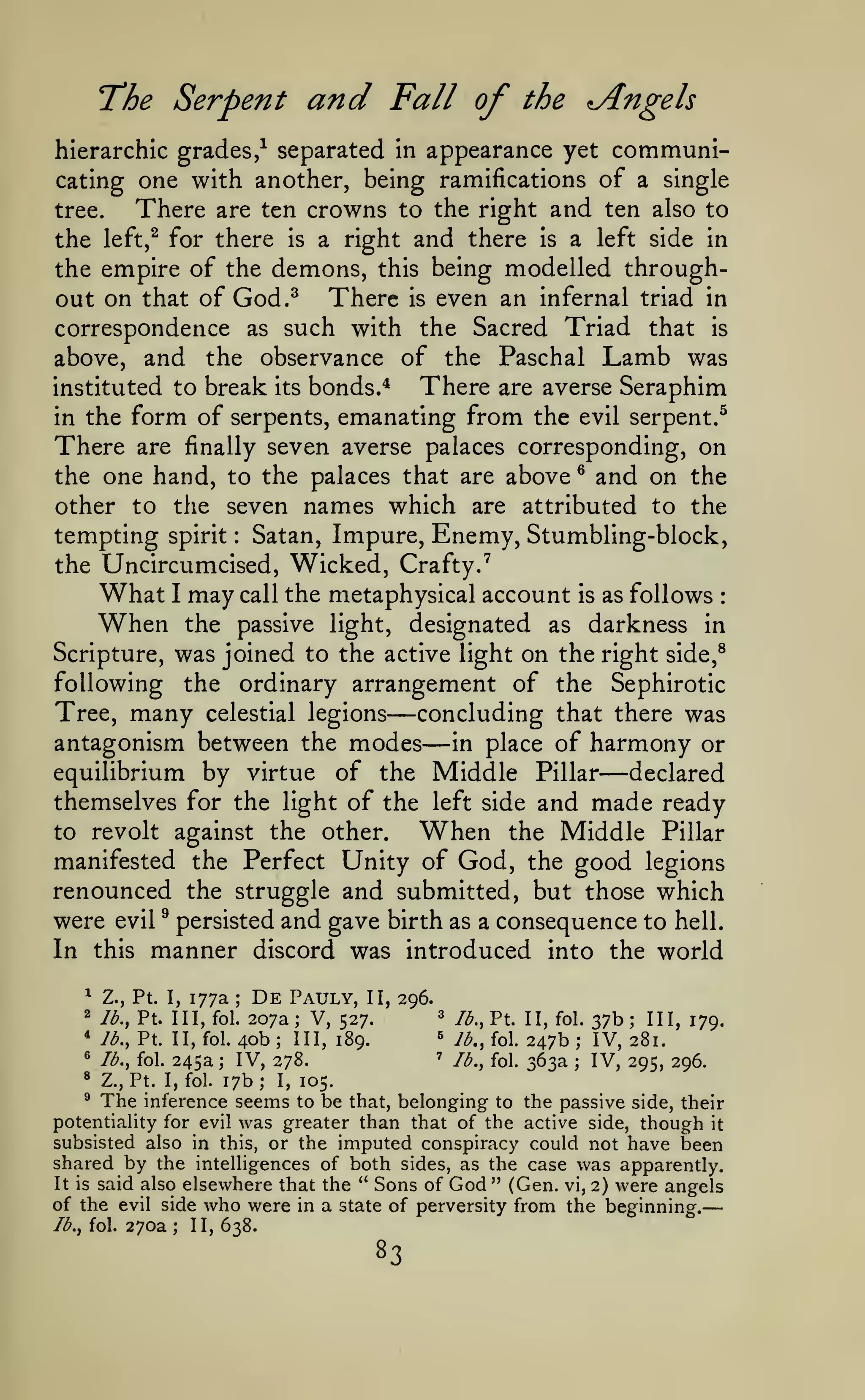 —

The Serpent

and

Fall of the Angels

hierarchic grades,^ separated in appearance yet

communi-

cating one with another, being ramifications of a single
There are ten crowns to the right and ten also to
tree.

the left,^ for there is a right and there is a left side in
the empire of the demons, this being modelled throughout on that of God. ^ There is even an infernal triad in
correspondence as such with the Sacred Triad that is
above, and the observance of the Paschal Lamb was
There are averse Seraphim
instituted to break its bonds.*
in the form of serpents, emanating from the evil serpent.^
There are finally seven averse palaces corresponding, on
the one hand, to the palaces that are above ® and on the
other to the seven names which are attributed to the
tempting spirit Satan, Impure, Enemy, Stumbling-block,
the Uncircumcised, Wicked, Crafty.'
What I may call the metaphysical account is as follows
When the passive light, designated as darkness in
Scripture, was joined to the active light on the right side,^
following the ordinary arrangement of the Sephirotic
Tree, many celestial legions
concluding that there was
antagonism between the modes in place of harmony or
equilibrium by virtue of the Middle Pillar
declared
themselves for the light of the left side and made ready
to revolt against the other.
When the Middle Pillar
manifested the Perfect Unity of God, the good legions
renounced the struggle and submitted, but those which
:

:

—

were

—

and gave birth as a consequence to hell.
manner discord was introduced into the world

evil

In this

—

^

persisted

177a

De

Pauly,

^

Z., Pt. I,

2

lb., Pt. Ill, fol.

3

ib,^Y. II, fol.

*

lb., Pt. II, fol.

5

lb,, fol.

245a

^

lb., fol.

»

Z., Pt. I, fol.

;

;

II, 296.

207a; V, 527.
40b III, 189.
;

IV, 278.

17b;

I,

'

105.
to be that,

lb., fol.

247b
363a

;

;

37b;

III, 179.

IV, 281.
IV, 295, 296.

^ The inference seems
belonging to the passive side, their
potentiality for evil was greater than that of the active side, though it
subsisted also in this, or the imputed conspiracy could not have been
shared by the intelligences of both sides, as the case was apparently.
It is said also elsewhere that the " Sons of God " (Gen. vi, 2) were angels
of the evil side who were in a state of perversity from the beginning.
lb., fol. 270a ; II, 638.

83

 