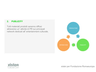 2.?   PUBLICITY

Tutti materiali prodotti saranno diffusi
                                                                  PRODUCTION	
 ?
attraverso un attivit di PR sui principali
network dedicati all entertainment culturale.




                                                INTERACTION	
 ?                    PUBLICITY	
 ?




                                                  xister per Fondazione Romaeuropa
 