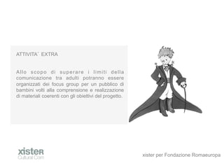 ATTIVITA EXTRA


Allo scopo di superare i limiti della
comunicazione tra adulti potranno essere
organizzati dei focus group per un pubblico di
bambini volti alla comprensione e realizzazione
di materiali coerenti con gli obiettivi del progetto.




                                                        xister per Fondazione Romaeuropa
 