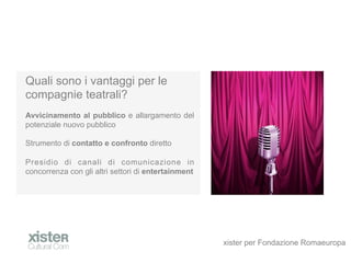 Quali sono i vantaggi per le
compagnie teatrali?
Avvicinamento al pubblico e allargamento del
potenziale nuovo pubblico

Strumento di contatto e confronto diretto

Presidio di canali di comunicazione in
concorrenza con gli altri settori di entertainment




                                                     xister per Fondazione Romaeuropa
 
