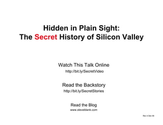 Hidden in Plain Sight:
The Secret History of Silicon Valley
Read the Blog
www.steveblank.com
Watch This Talk Online
http://bit.ly/SecretVideo
Read the Backstory
http://bit.ly/SecretStories
Rev 4 Dec 09
 