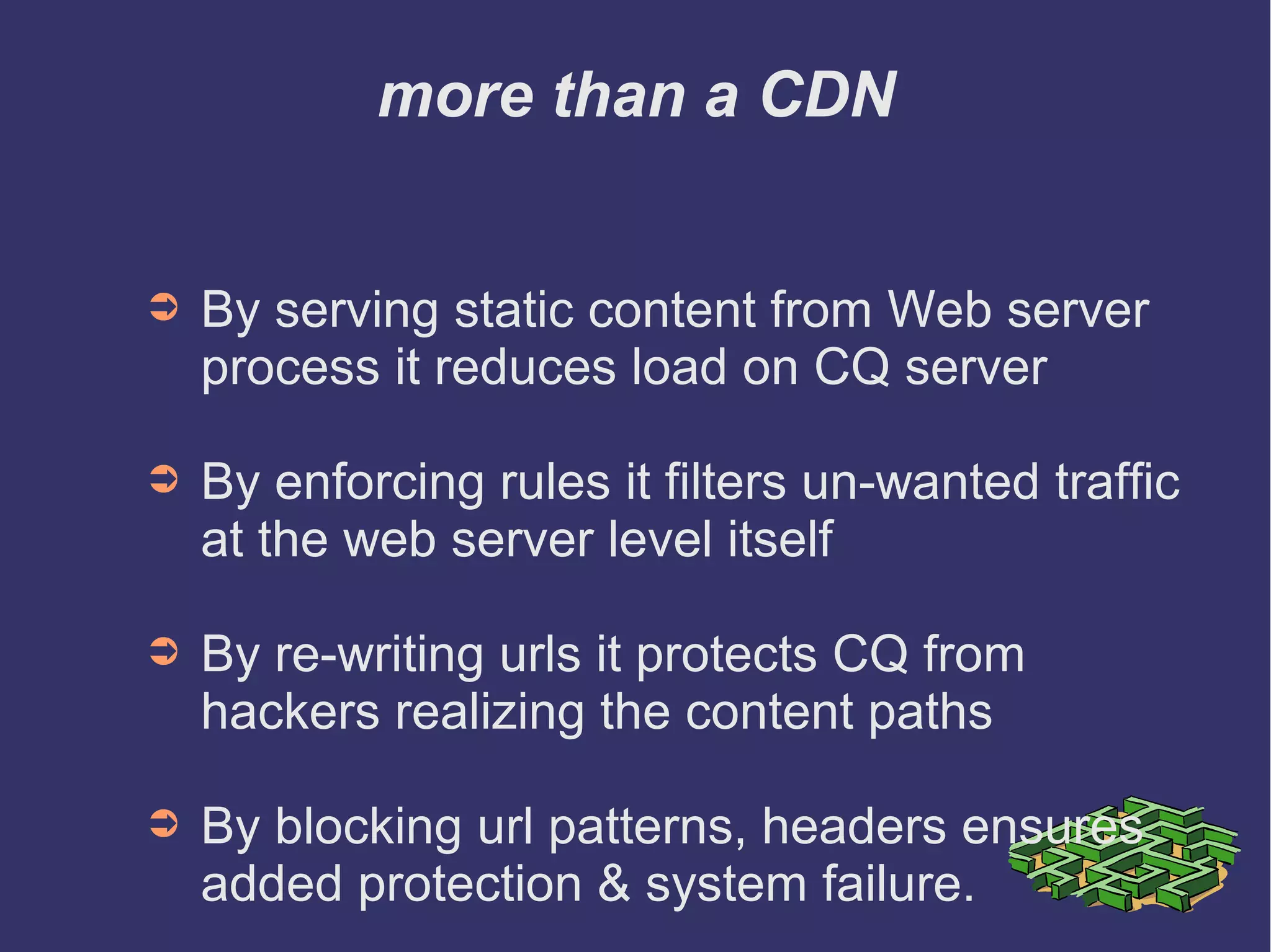 more than a CDN
➲ By serving static content from Web server
process it reduces load on CQ server
➲ By enforcing rules it filters un-wanted traffic
at the web server level itself
➲ By re-writing urls it protects CQ from
hackers realizing the content paths
➲ By blocking url patterns, headers ensures
added protection & system failure.
 