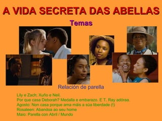 A VIDA SECRETA DAS ABELLAS Temas Relación de parella Lily e Zach; Xuño e Neil. Por que casa Deborah? Medalla e embarazo. E T. Ray adóraa. Agosto: Non casa porque ama máis a súa liberdade (!) Rosaleen: Abandoa ao seu home Maio: Parella con Abril / Mundo 