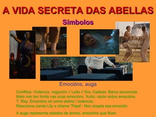 A VIDA SECRETA DAS ABELLAS Símbolos Emocións, auga Conflitos: Violencia, negación // Loito // Sra. Cadeas: Barco escravista. Maio non ten límite nas súas emocións. Xuño: razón sobre emocións. T. Ray: Emocións só como delirio / violencia. Reacciona cando Lily o chama “Papá”. Non acepta esa emoción. A auga representa estados de ánimo, emocións que flúen. 